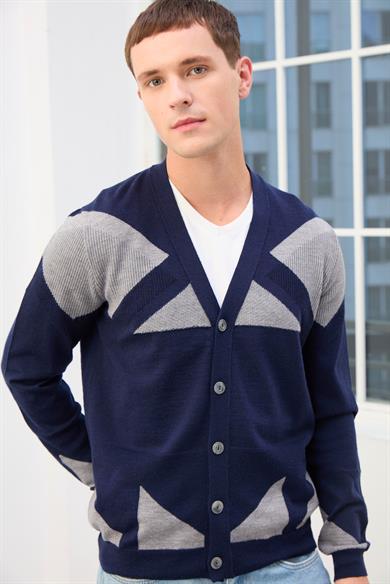 Zenith Desenli V Yaka Erkek Hırka-Lacivert