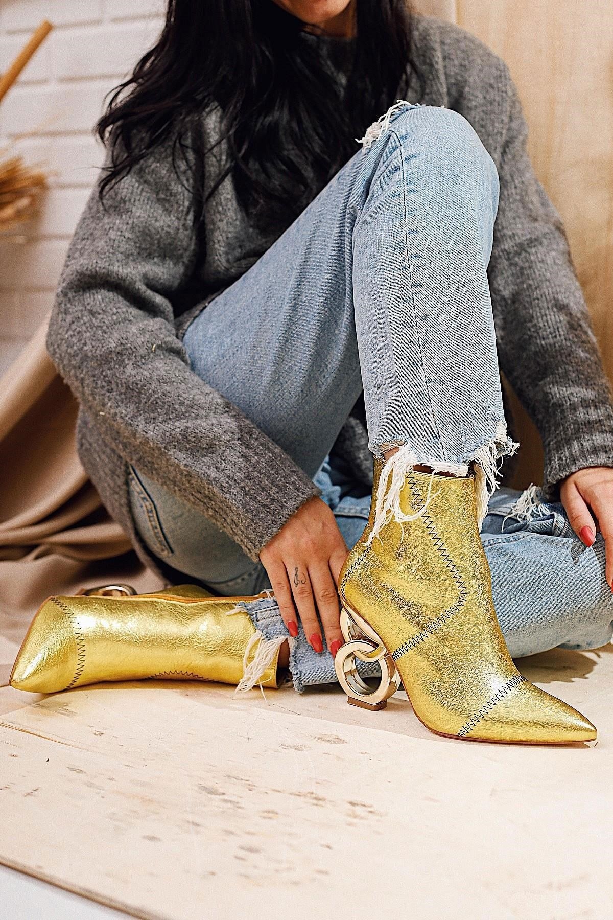 Diane Limon Metalik Gold Topuklu Sivri Burun Bootie | Limoya.com ile Modayı  Keşfet!