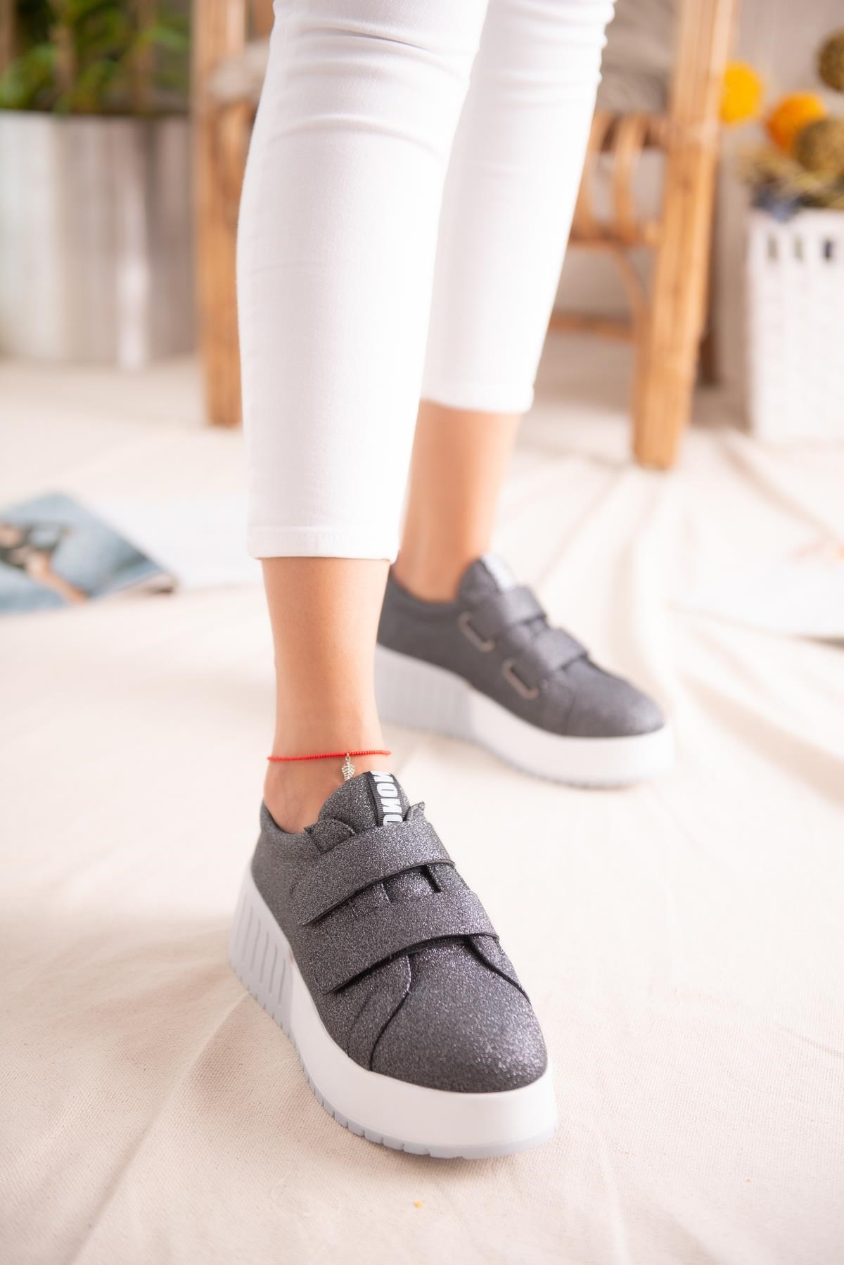 Julia Platin Simli Çift Bantlı Yüksek Tabanlı Sneakers Spor Ayakkabı |  Limoya.com ile Modayı Keşfet!