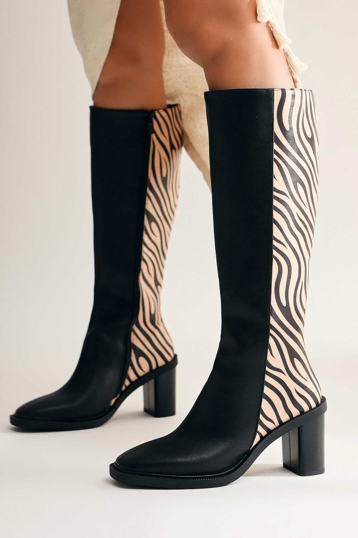 Kesia Siyah Zebra Detaylı Çizme | Limoya.com ile Modayı Keşfet!