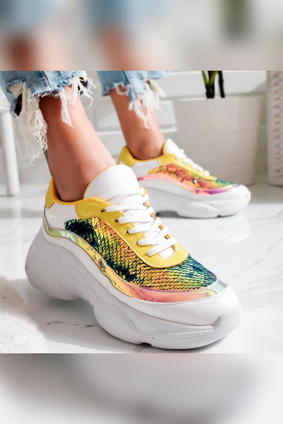 Tamara Beyaz/Limon Süet Pullu Sneakers Spor Ayakkabı