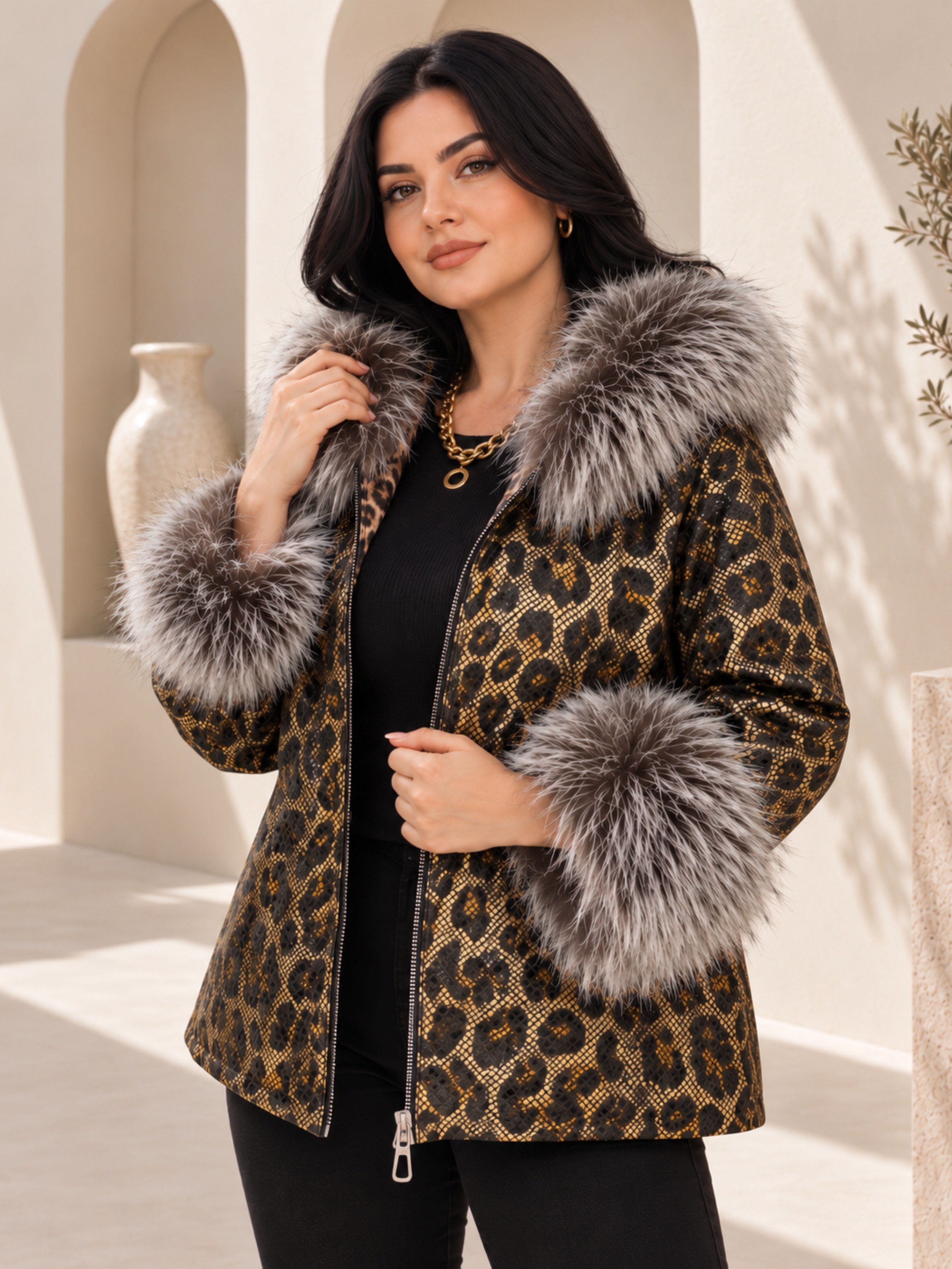 Büyük BedenDış GiyimMont Leopar Kürklü Mont