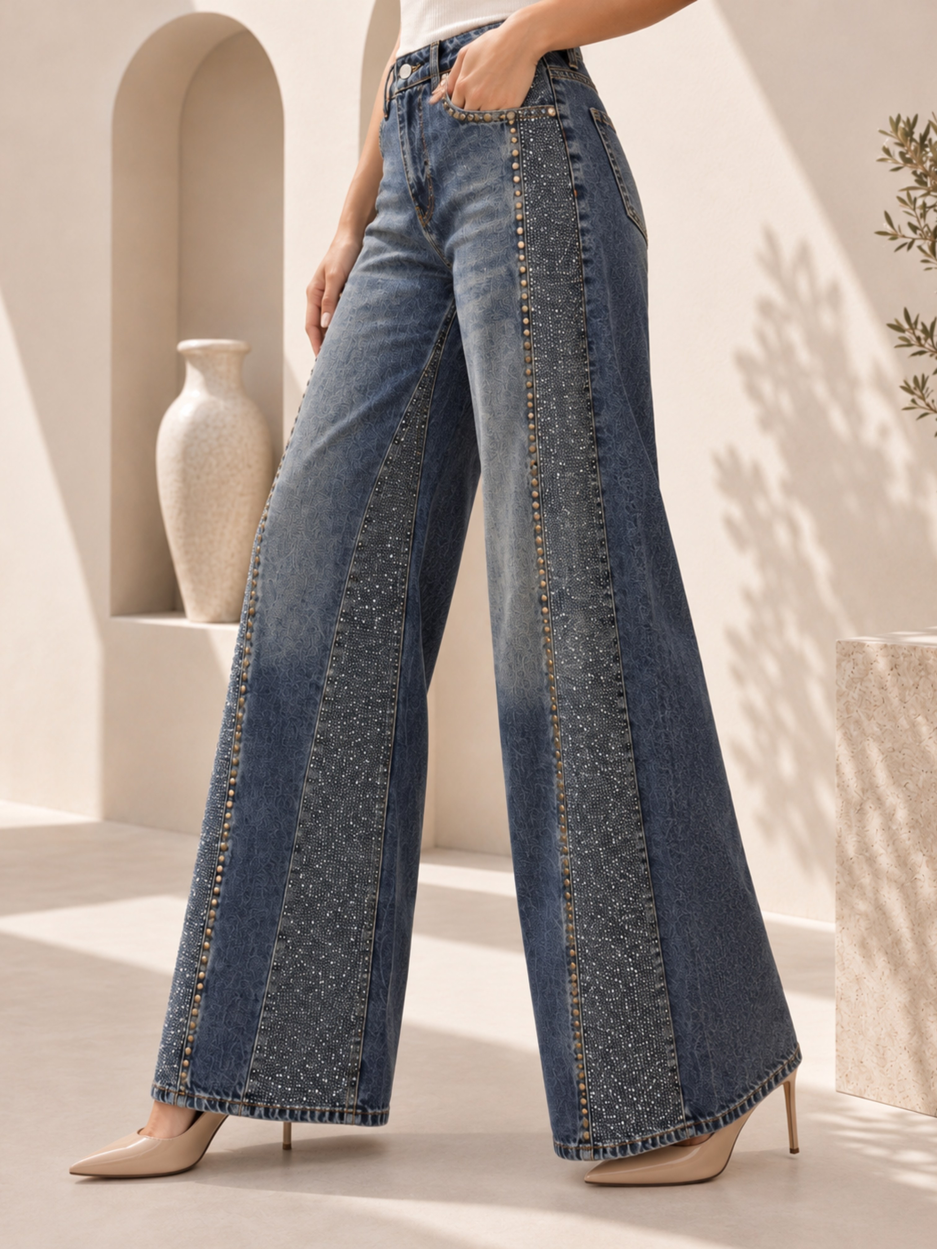 TEST Taşlı Palazzo Jean Pantolon