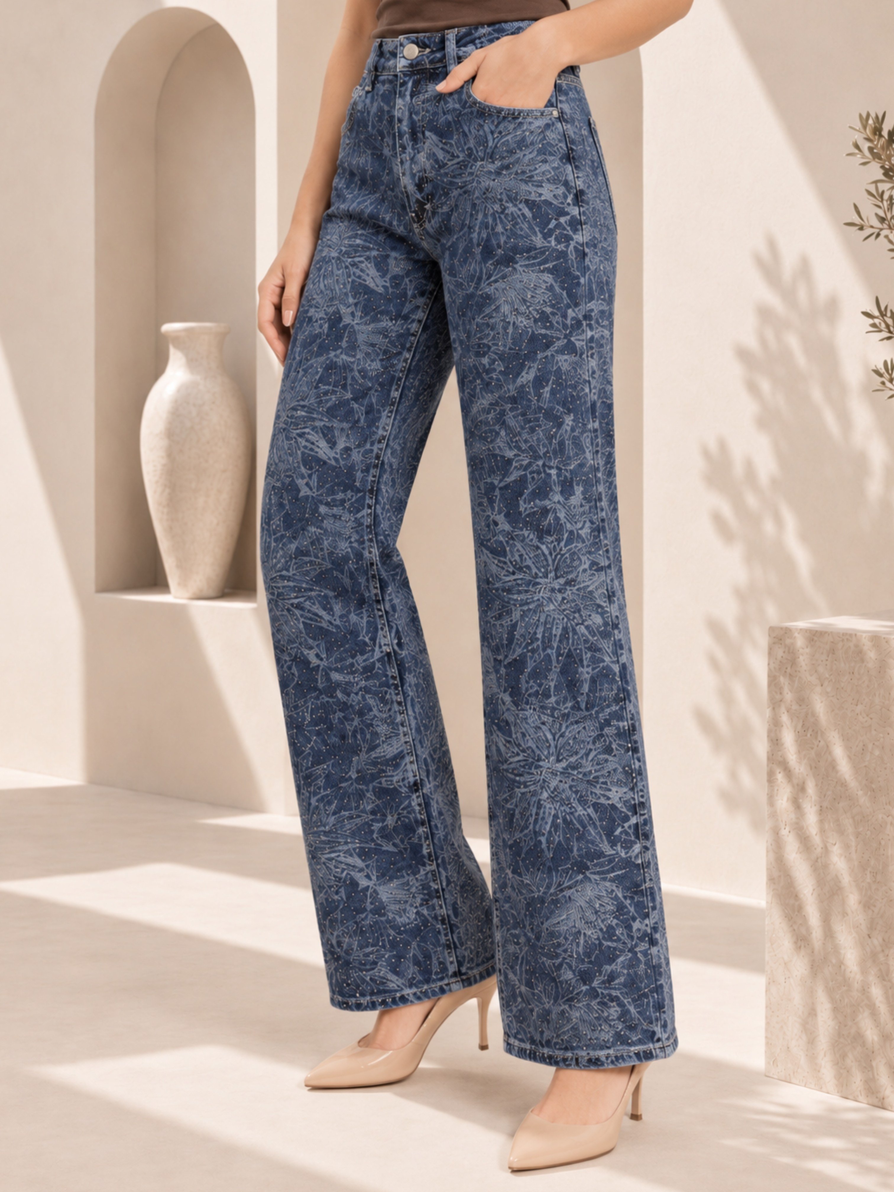 TEST Desenli Taşlı Jean Pantolon
