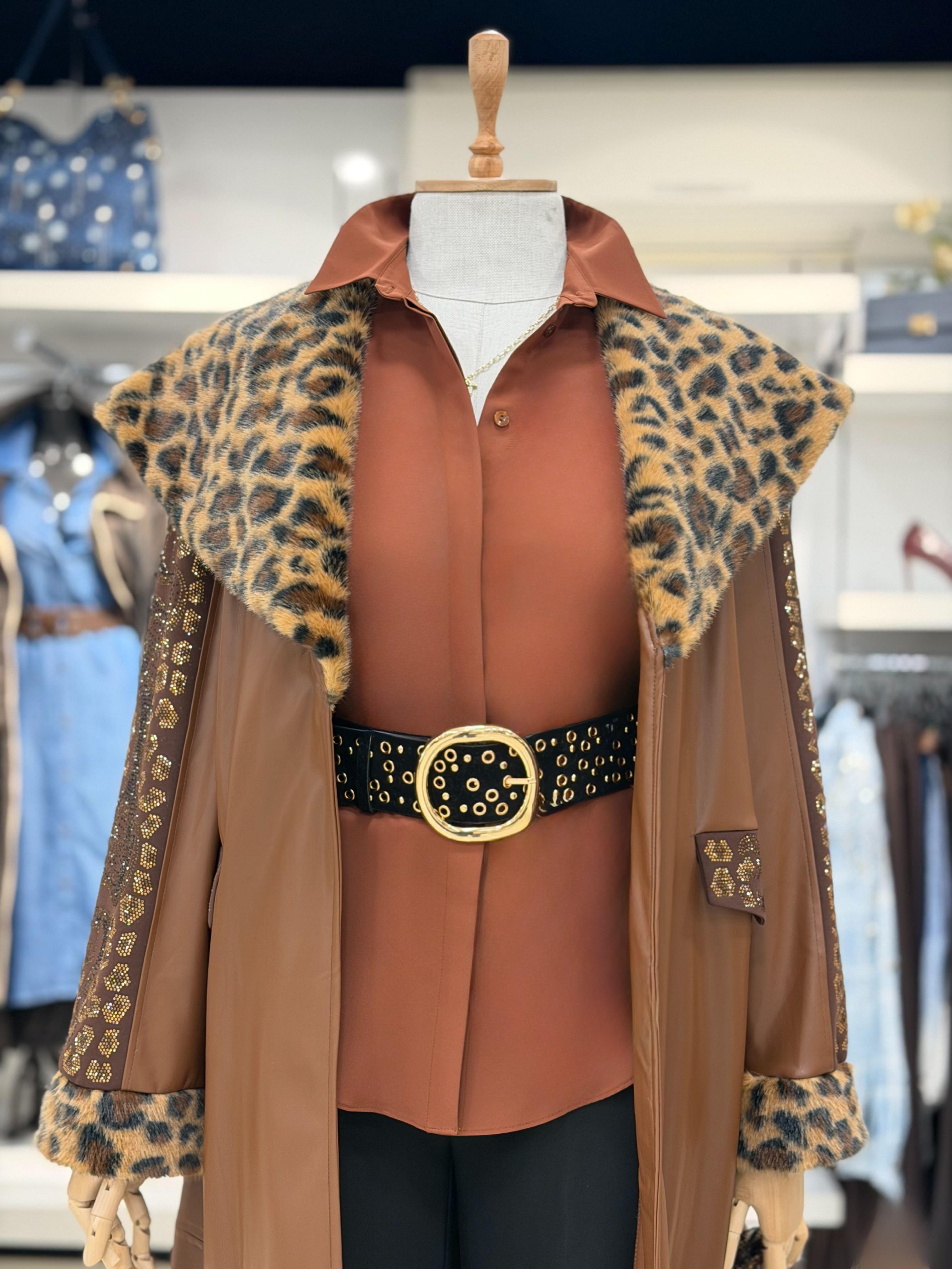 TRENÇKOT Leopar Desenli Deri Trençkot