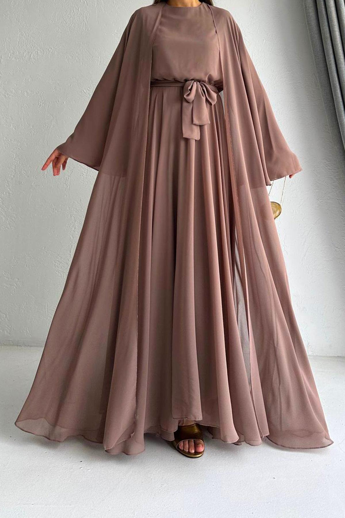 Açık Kahve Bella Şifon Abaya Takım 