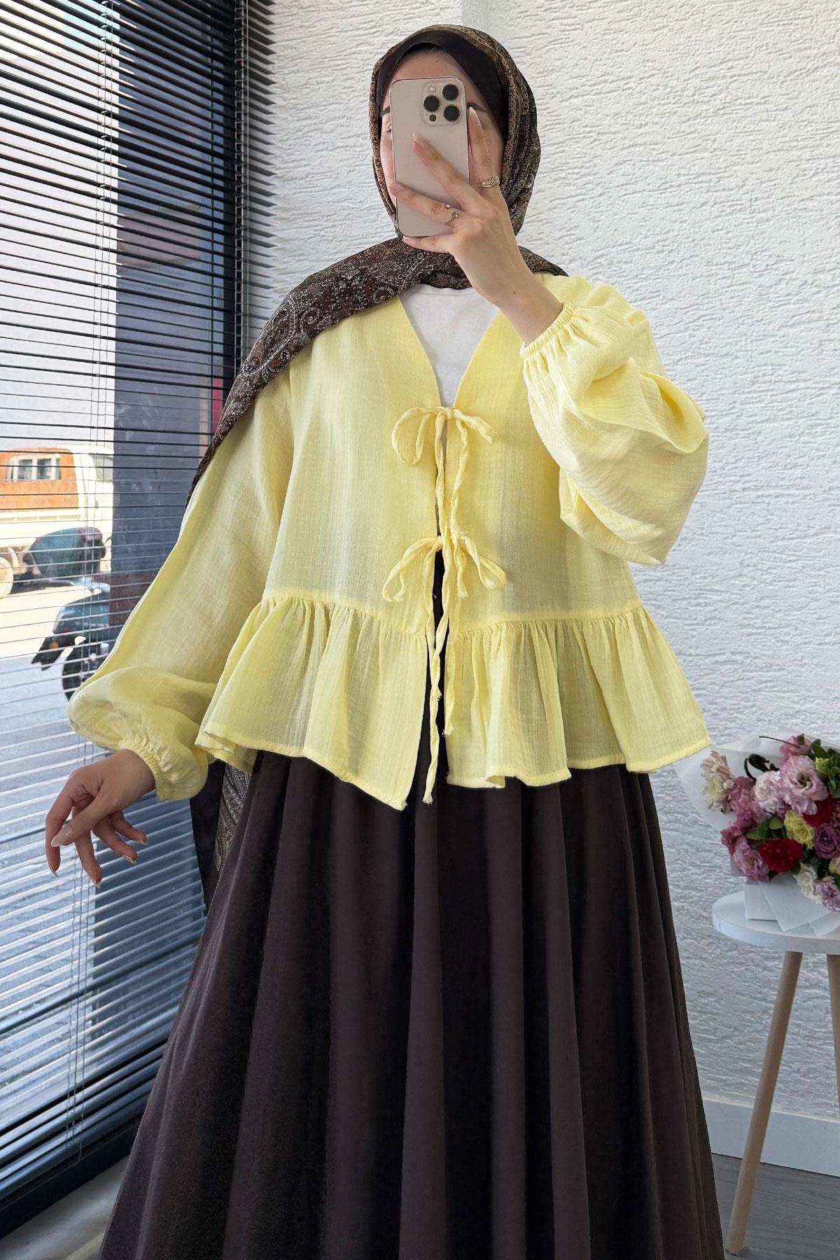 Altı Fırfır Detay Önden Bağlamalı Müslin Kimono -Sarı