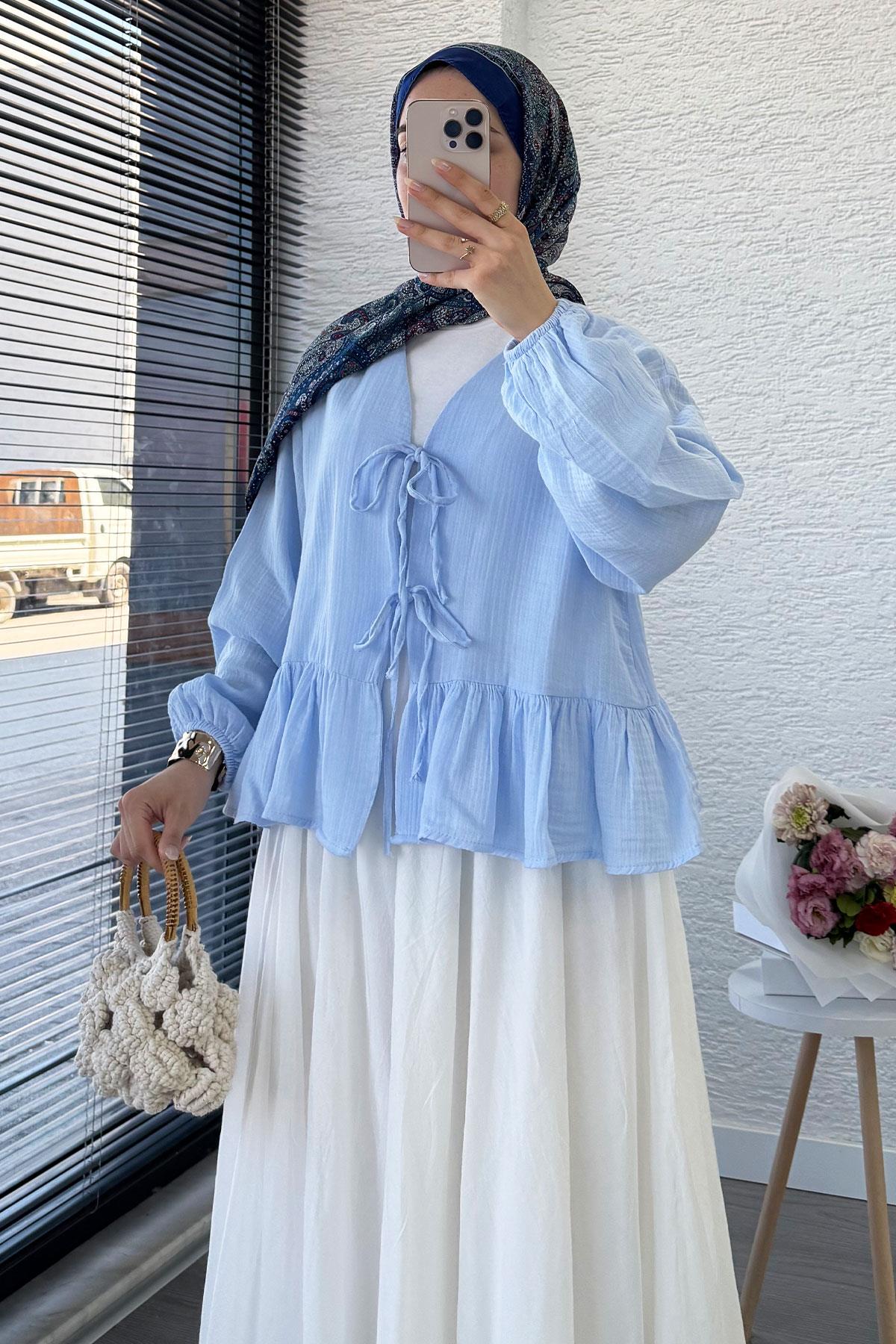 Altı Fırfır Detay Önden Bağlamalı Müslin Kimono -Mavi
