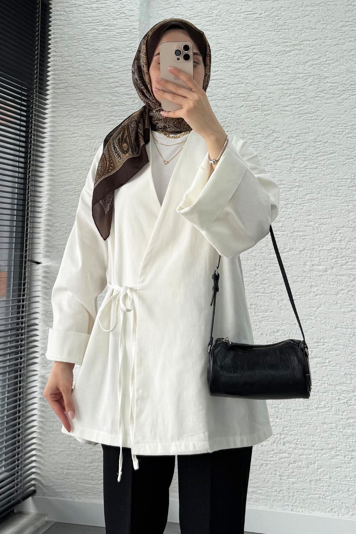 Anvelop Bağlamalı Kimono-Beyaz