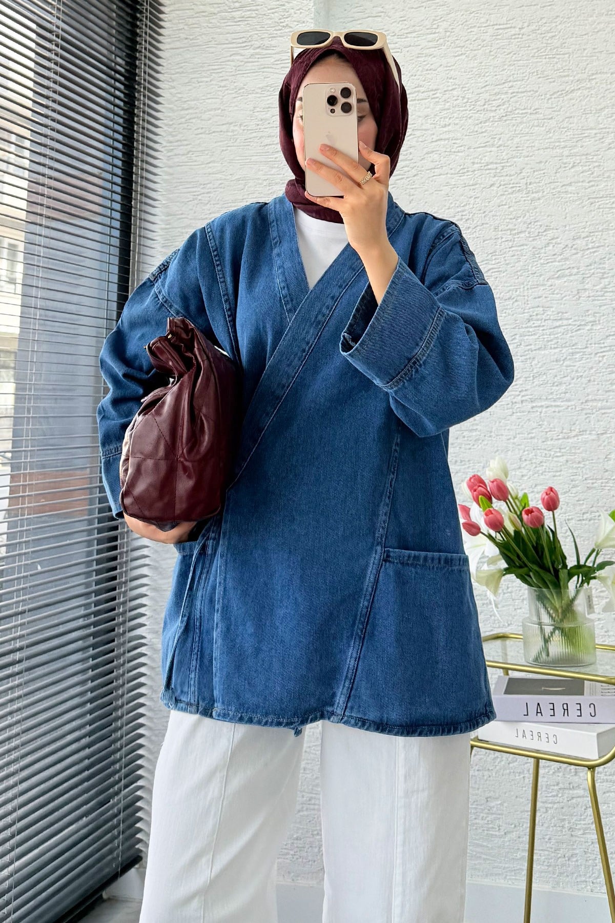 Anvelop Bağlamalı Oversize Denim Ceket - Mavi