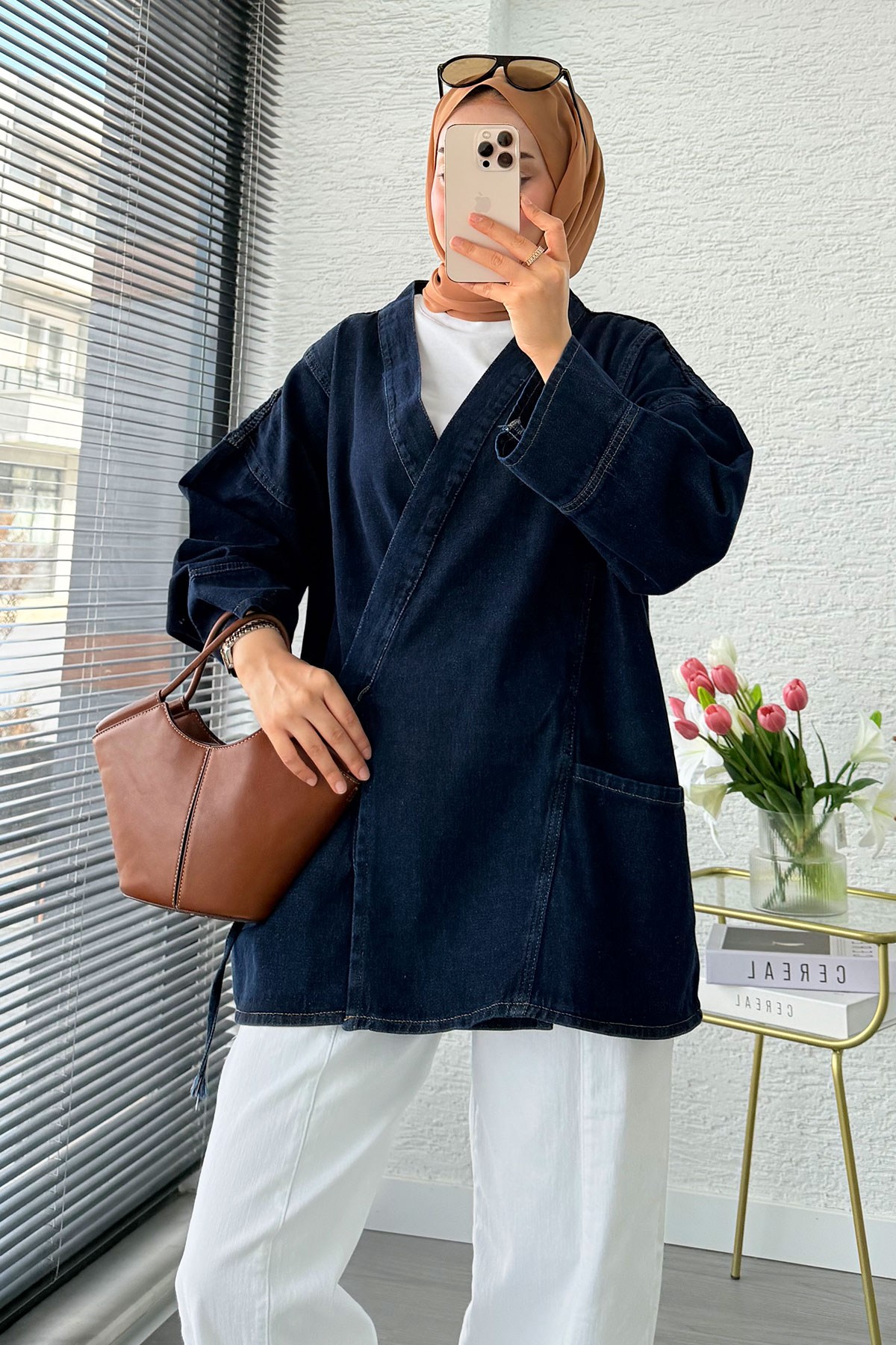 Anvelop Bağlamalı Oversize Denim Ceket - Koyu Mavi