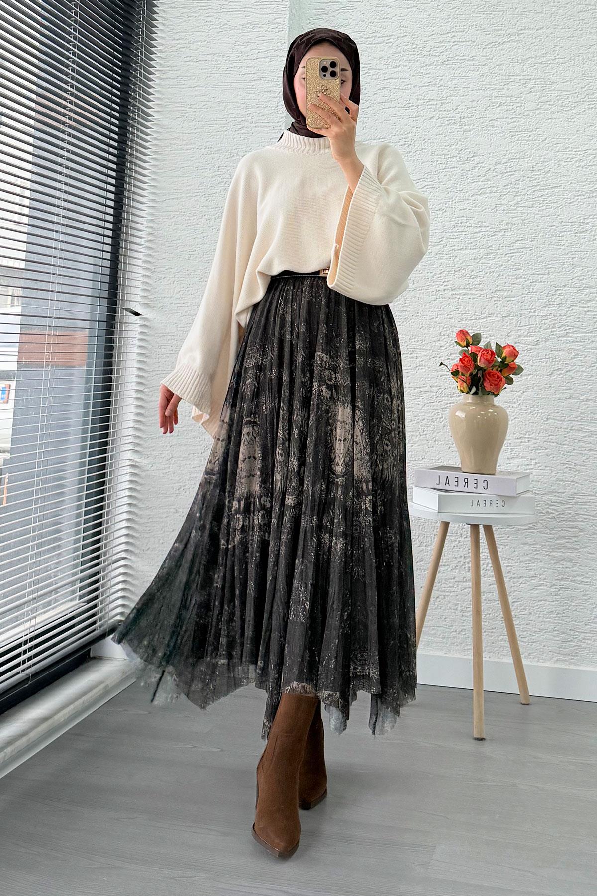 Asimetrik Kesim Astarlı Tül Midi Boy Etek - Haki