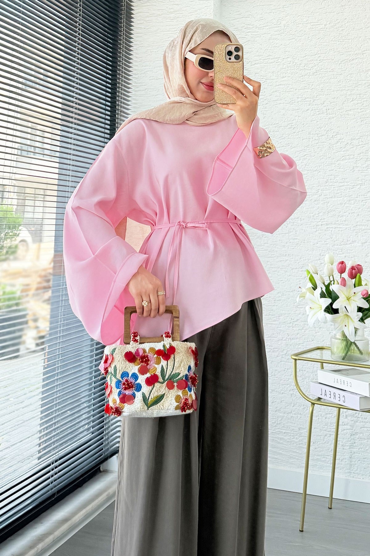 Asimetrik Kesim Volan Kol Modal Bluz – Pembe