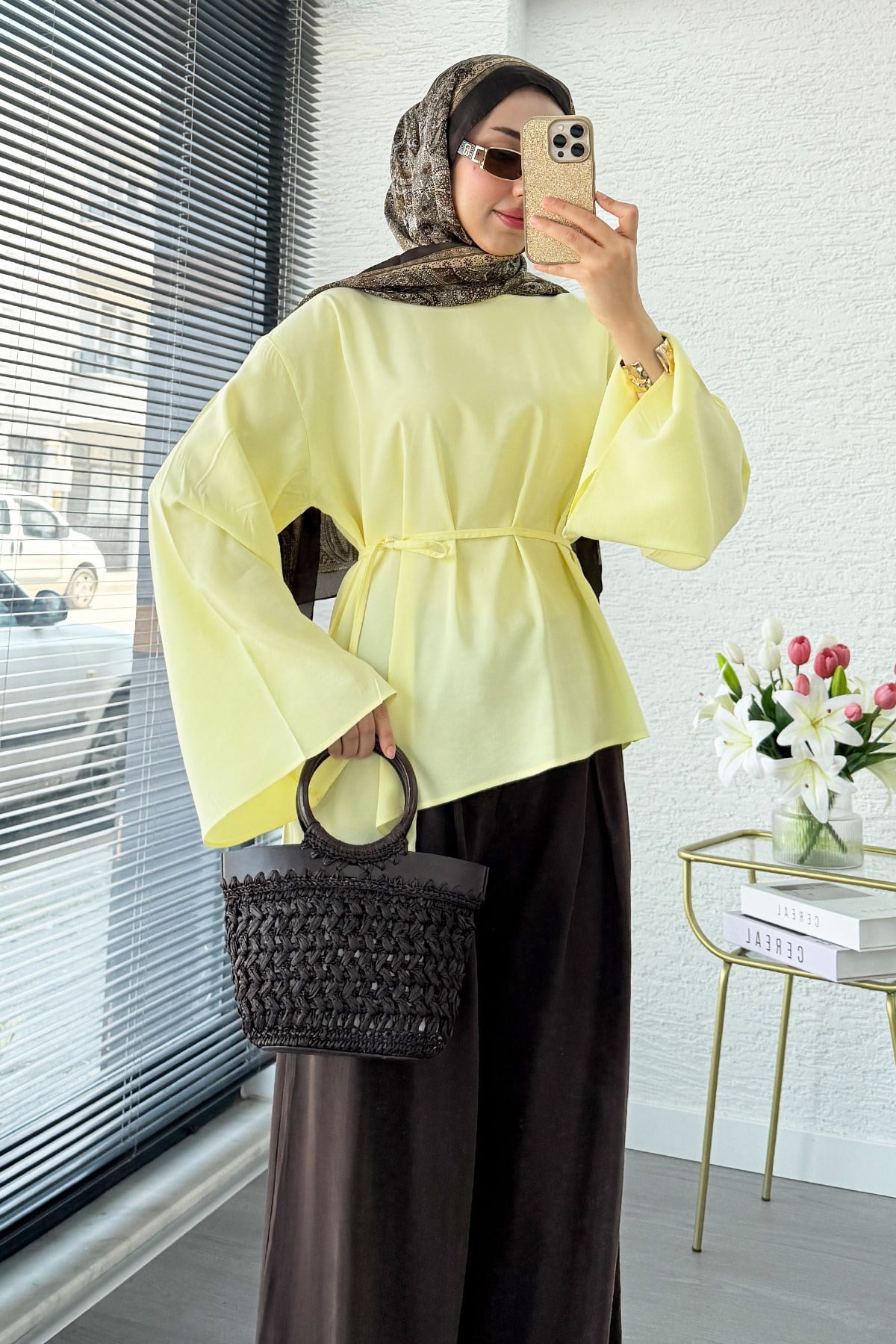 Asimetrik Kesim Volan Kol Modal Bluz – Sarı