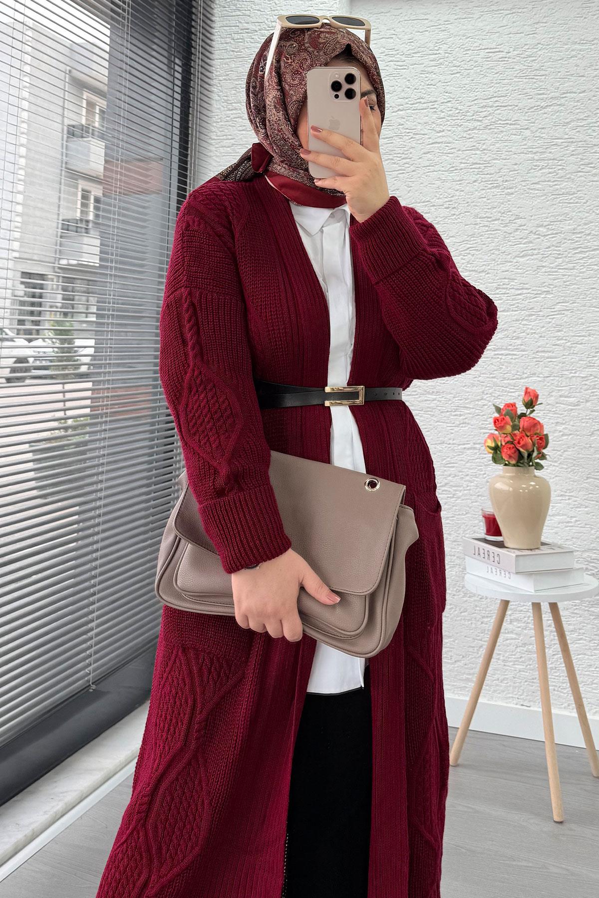 Baklava Desen Uzun Triko Kadın Hırka – Bordo