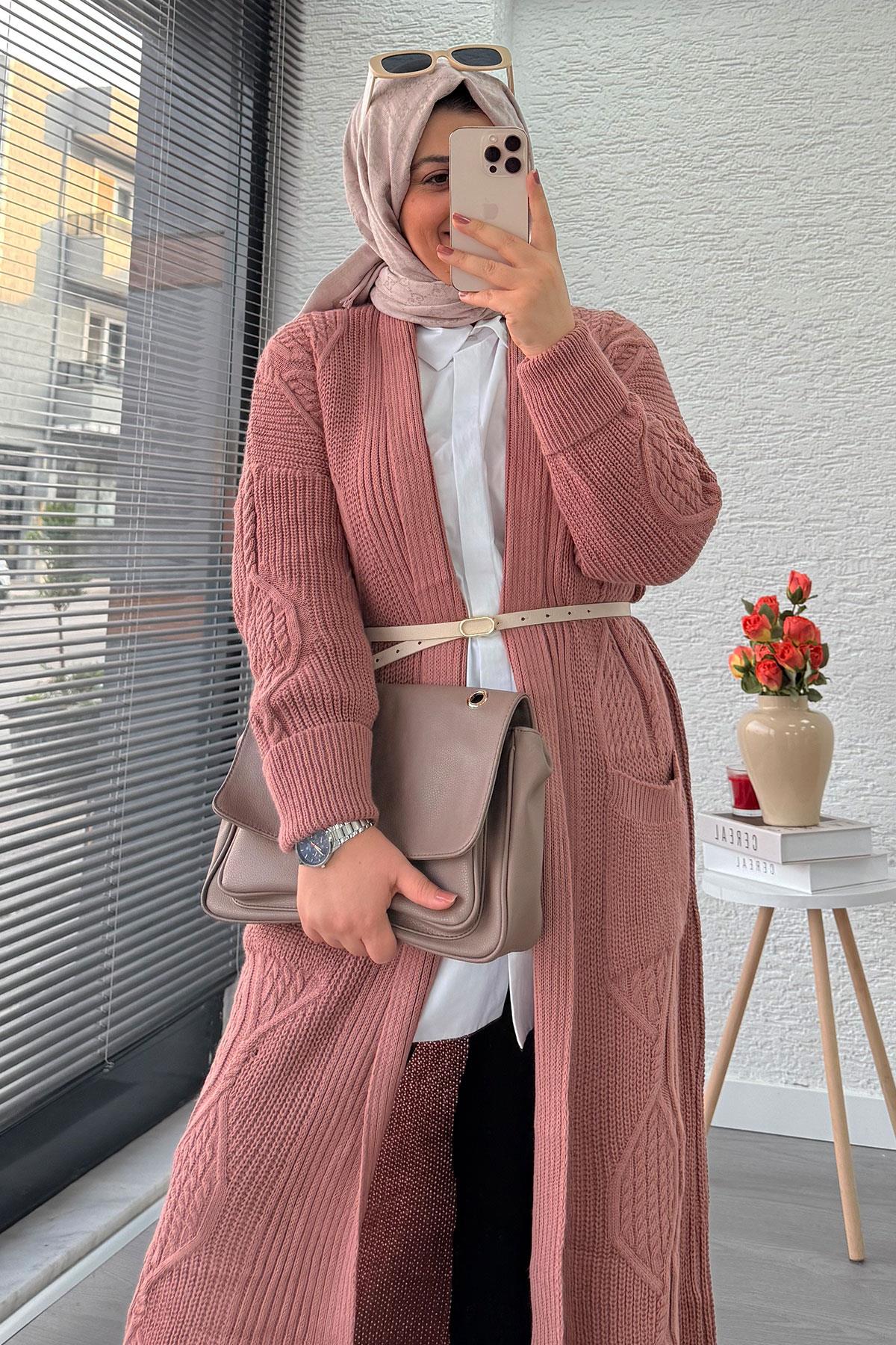 Baklava Desen Uzun Triko Kadın Hırka – Gül Kurusu