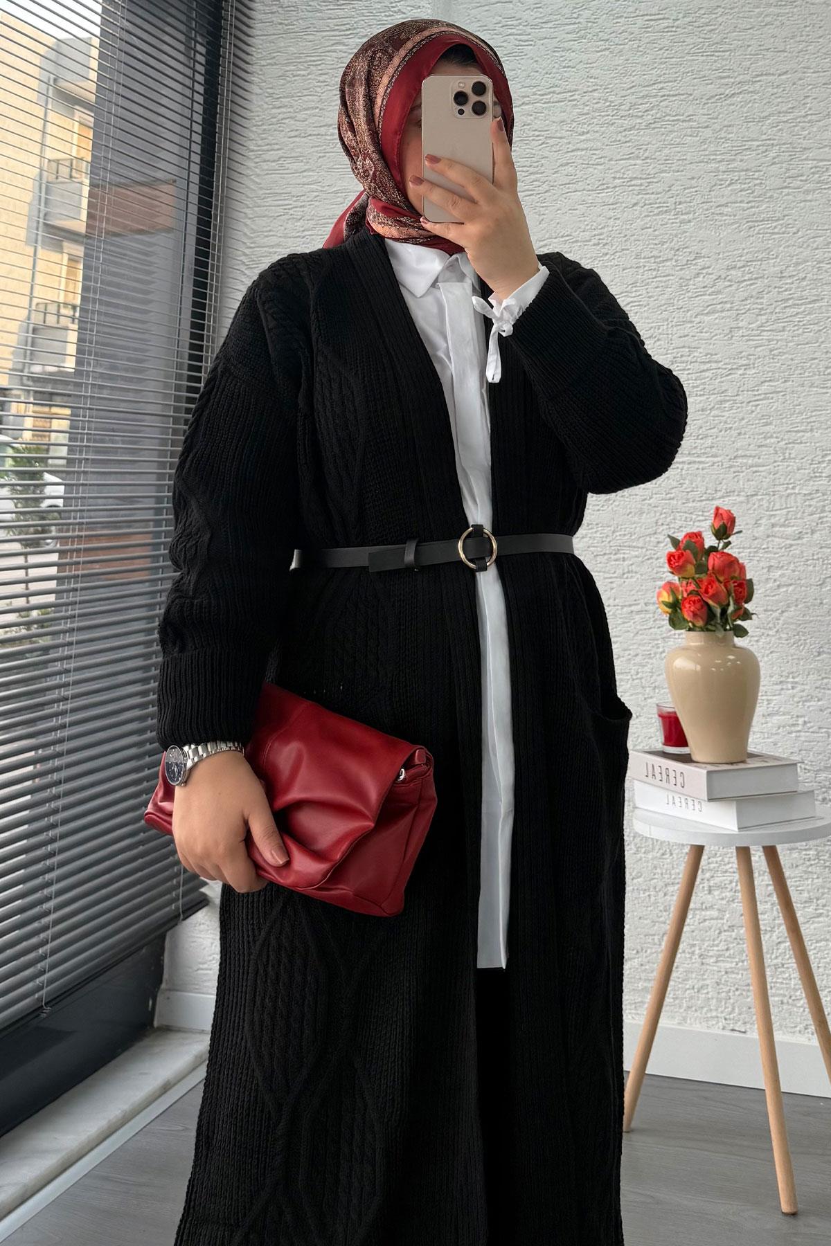 Baklava Desen Uzun Triko Kadın Hırka – Siyah