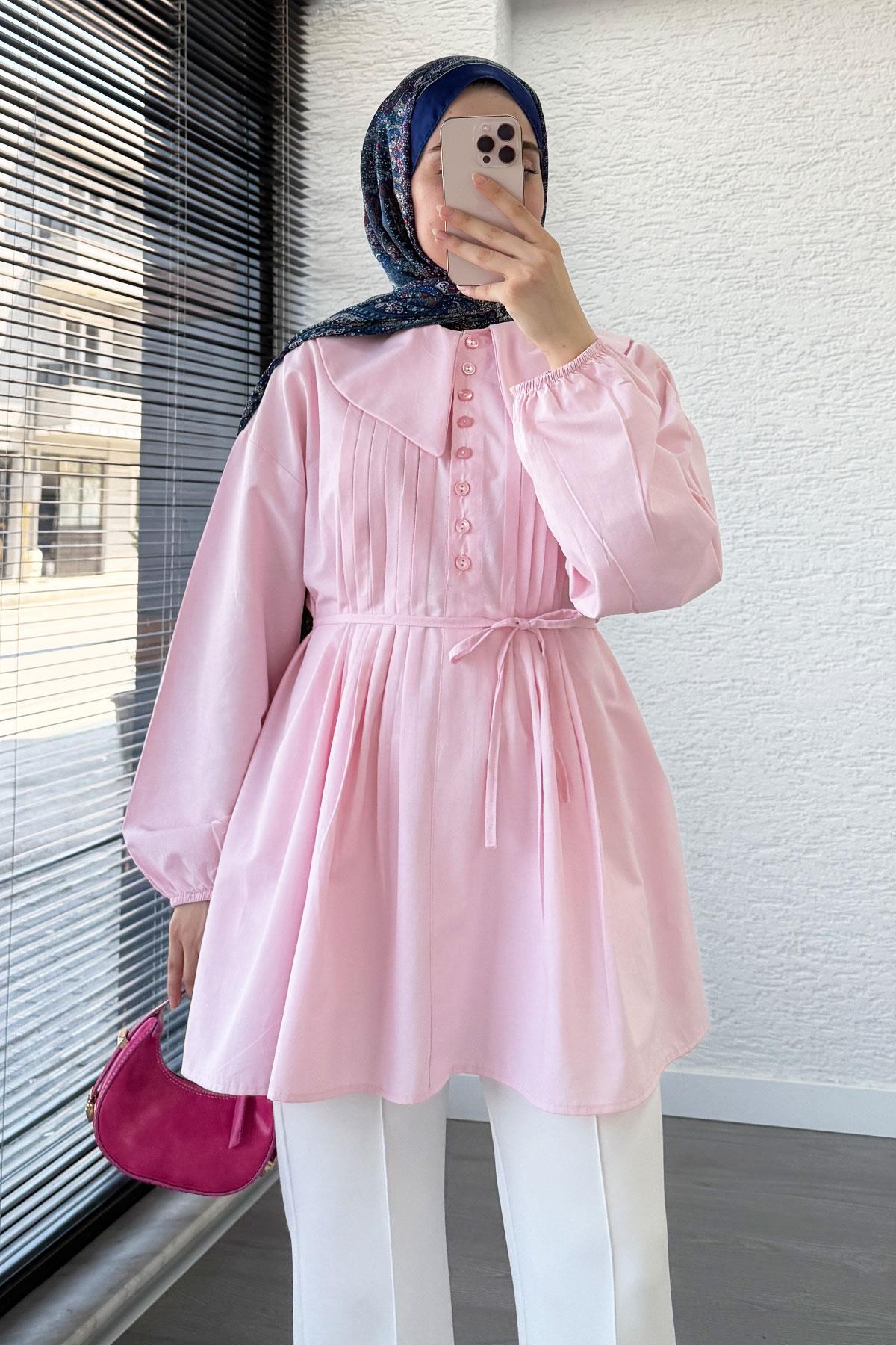 Bebe Yaka Nervür Detaylı Kemerli Poplin Tunik - Pembe