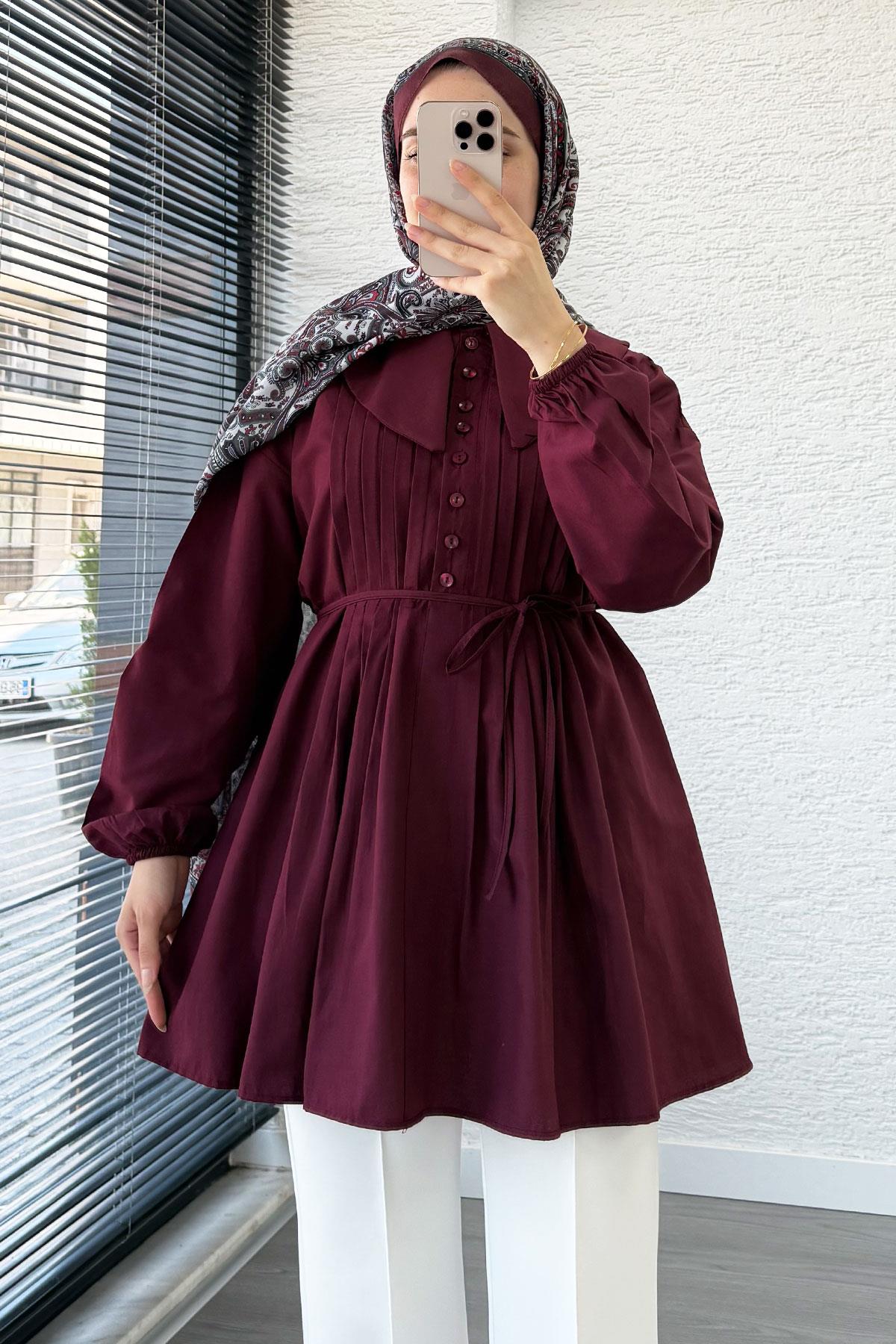 Bebe Yaka Nervür Detaylı Kemerli Poplin Tunik - Bordo