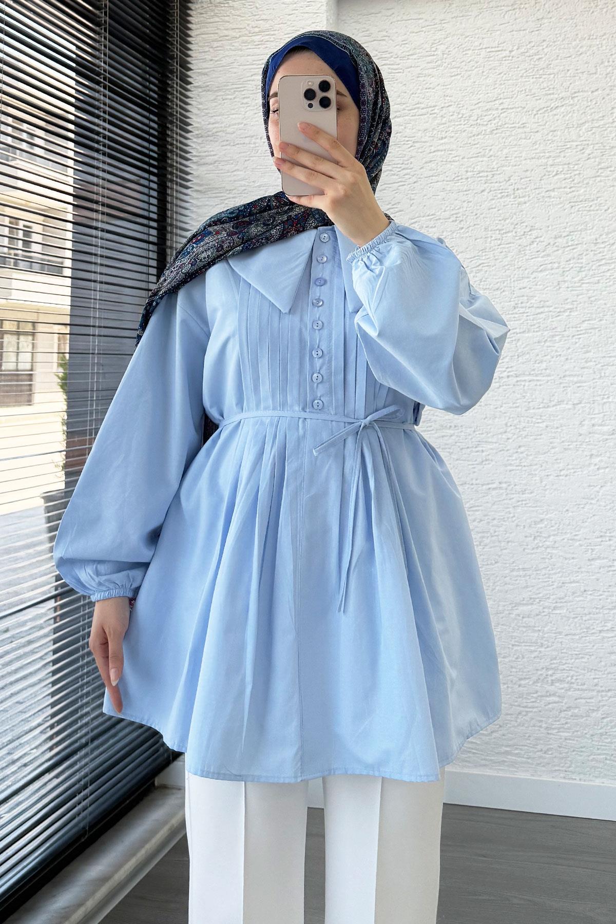 Bebe Yaka Nervür Detaylı Kemerli Poplin Tunik - Mavi