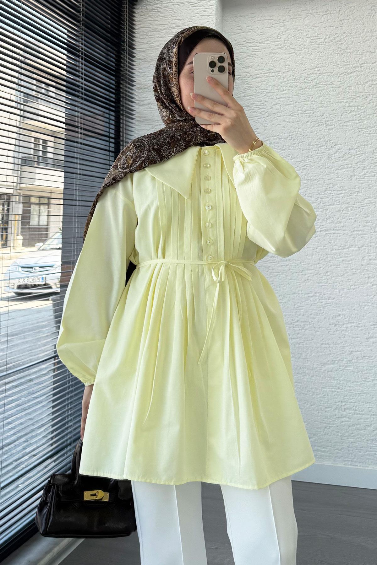 Bebe Yaka Nervür Detaylı Kemerli Poplin Tunik - Sarı