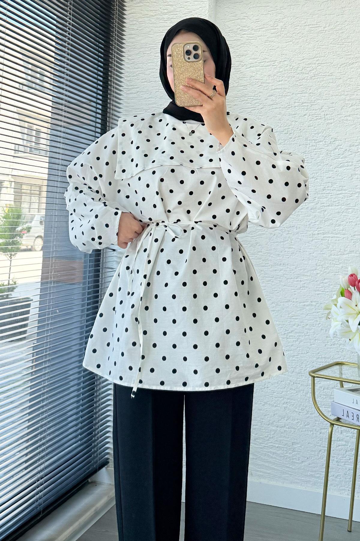 Bebe Yaka Puantiyeli Poplin Tunik – Beyaz