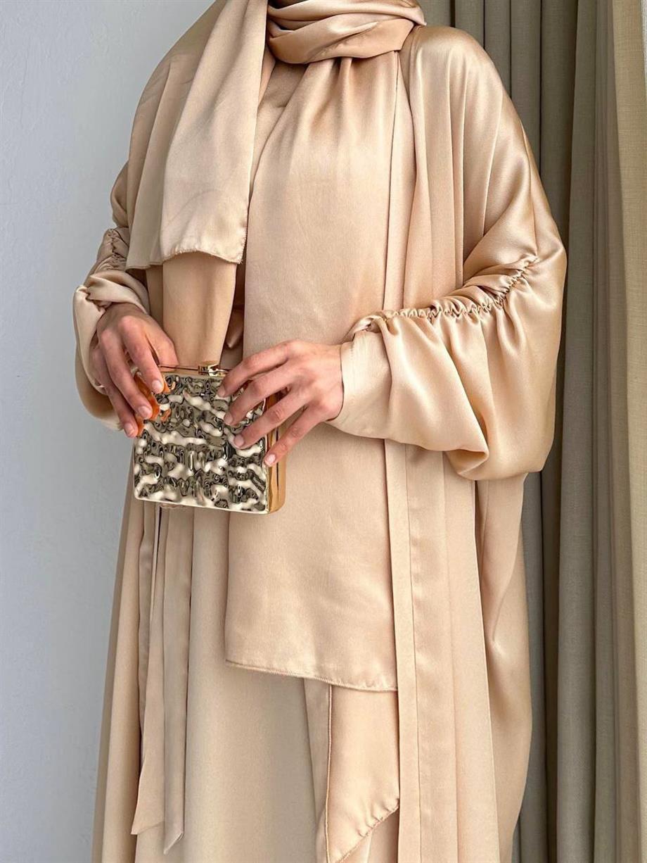 Bej Kolu Büzgü Abaya Takım 