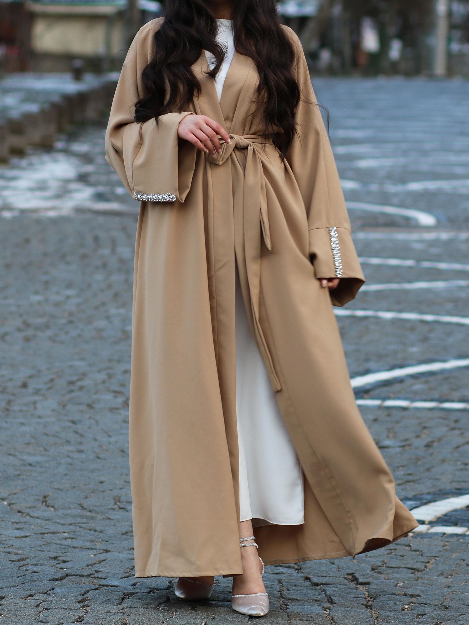 Bej Kolu Taşlı Ala Abaya