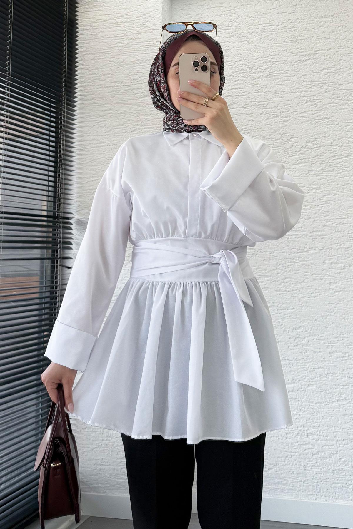 Bel Kuşaklı Poplin Tunik-Beyaz