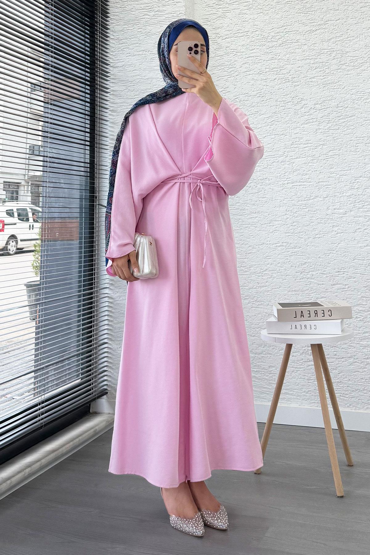 Belden Bağlamalı Yarasa Kol Elbise - Pembe