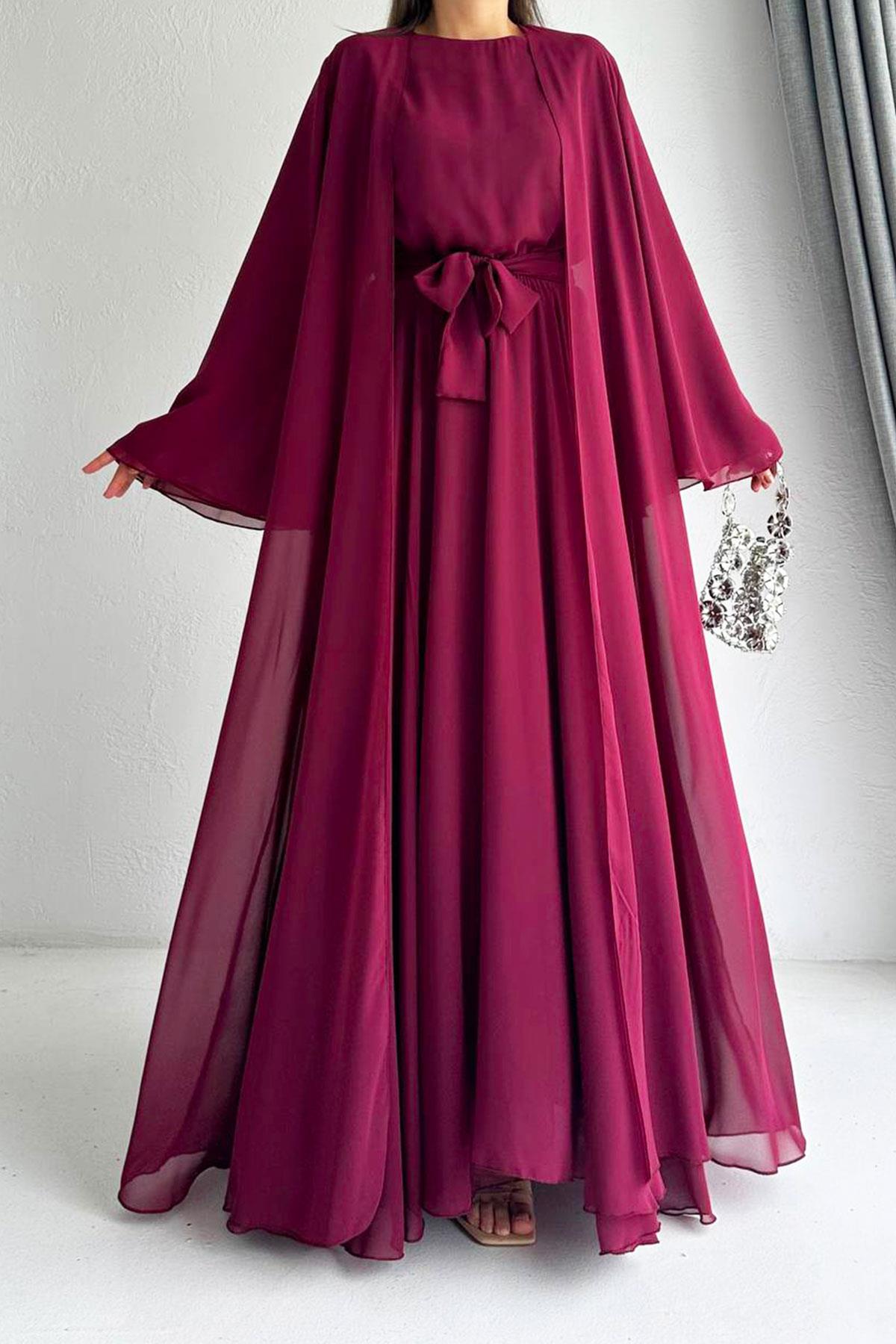 Bordo Bella Şifon Abaya Takım 