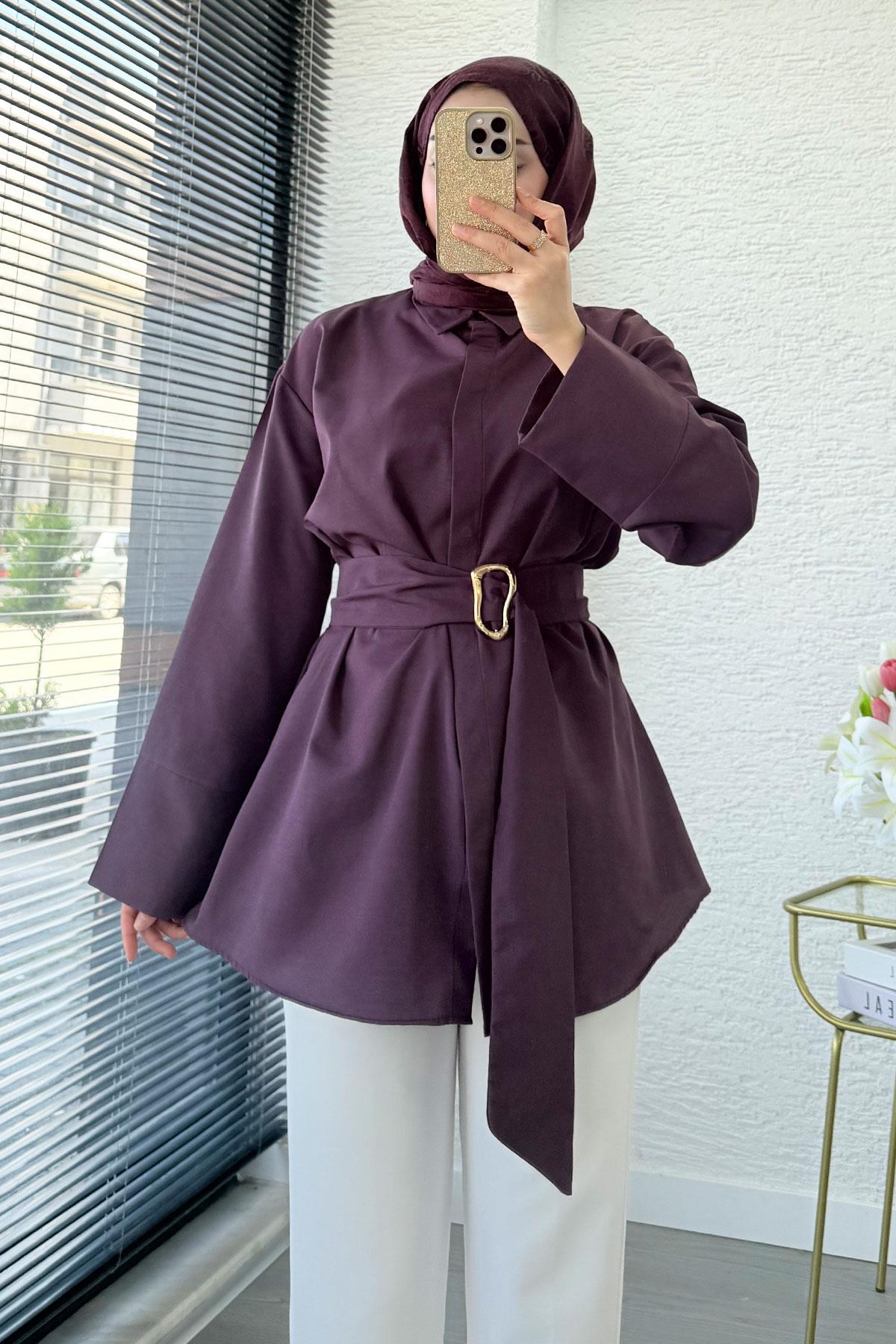 Bronş Detaylı Geniş Kemerli Poplin Tunik – Mürdüm