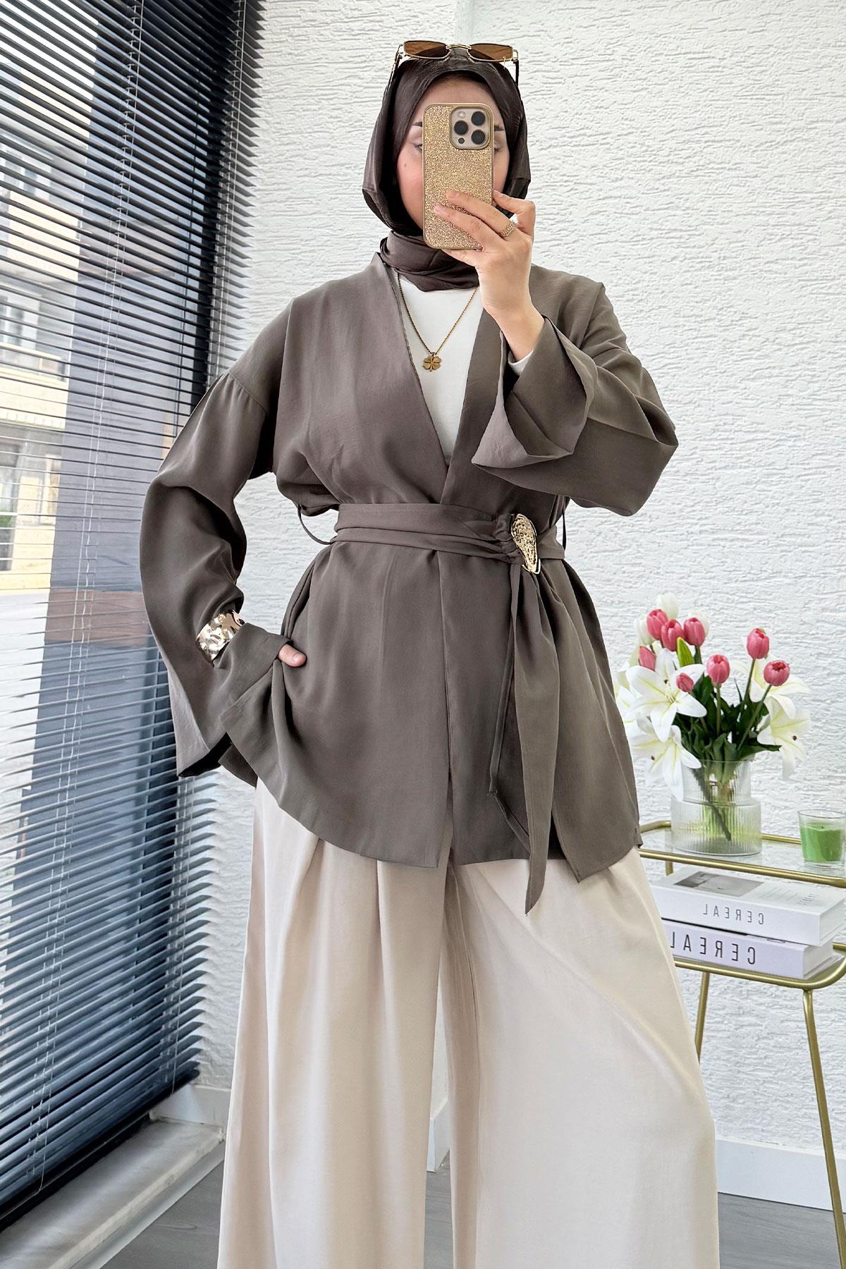 Bronş Kemerli Kruvaze Yaka Modal Kimono - Haki