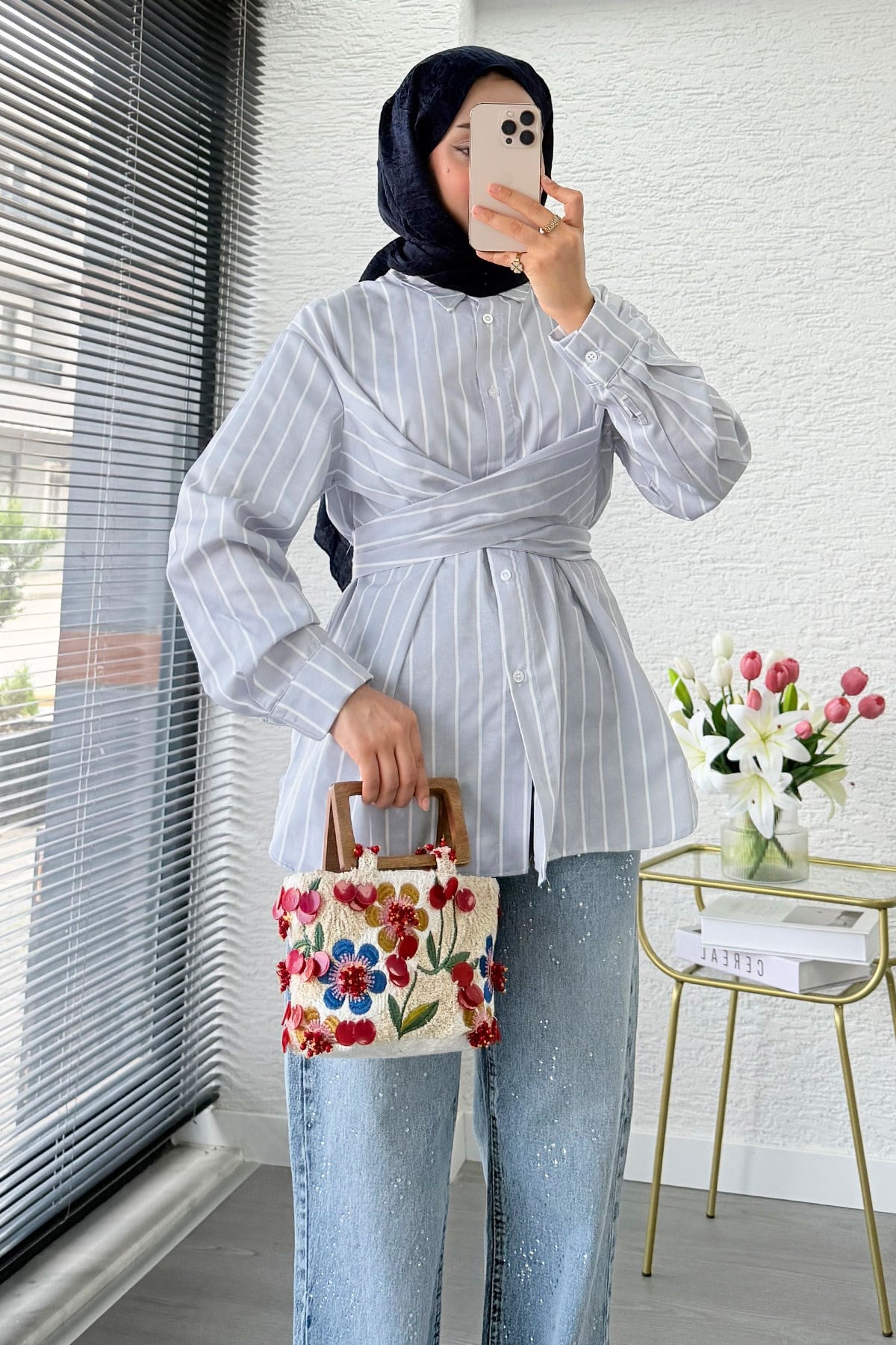 Çapraz Bağlamalı Çizgili Poplin Gömlek  - Gri