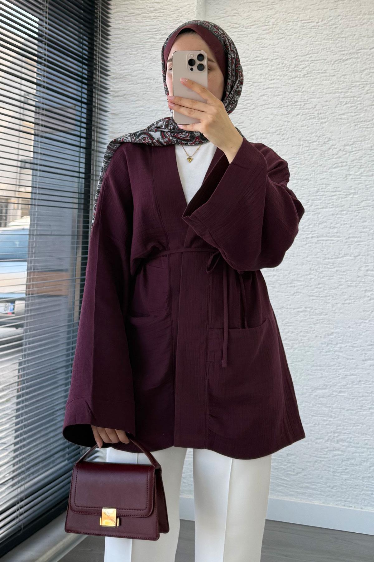 Cep Detaylı Kuşaklı Müslin Kimono - Bordo