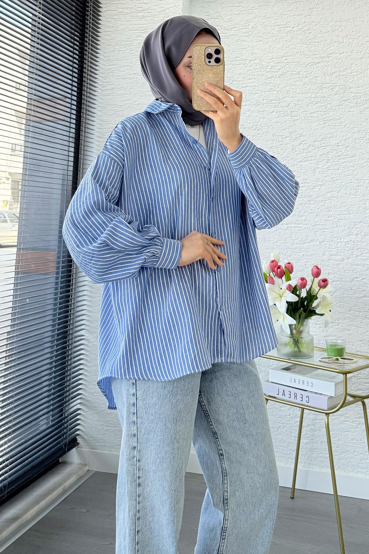 Çizgi Desen Oversize Kadın Gömlek – Lacivert