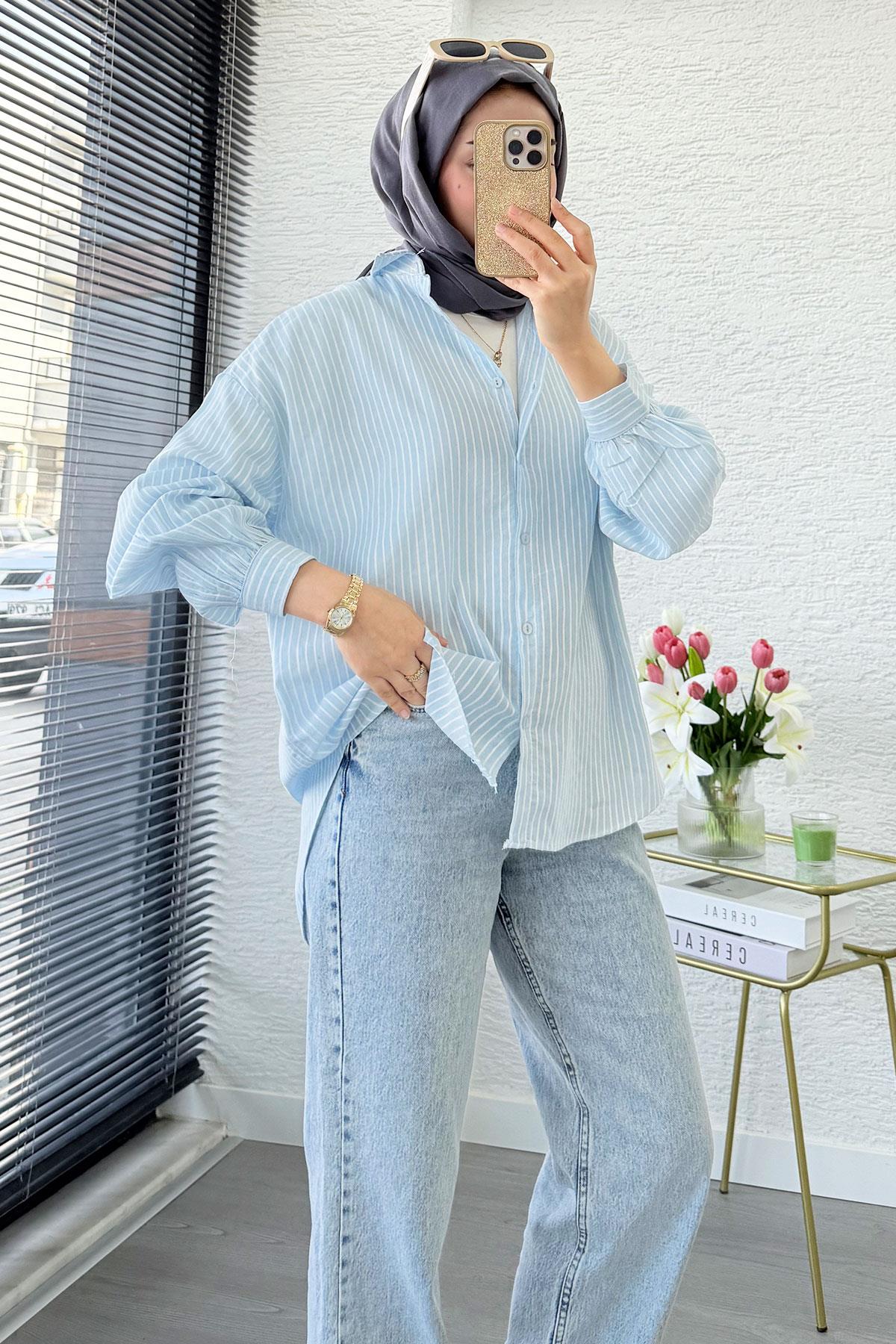 Çizgi Desen Oversize Kadın Gömlek – Mavi