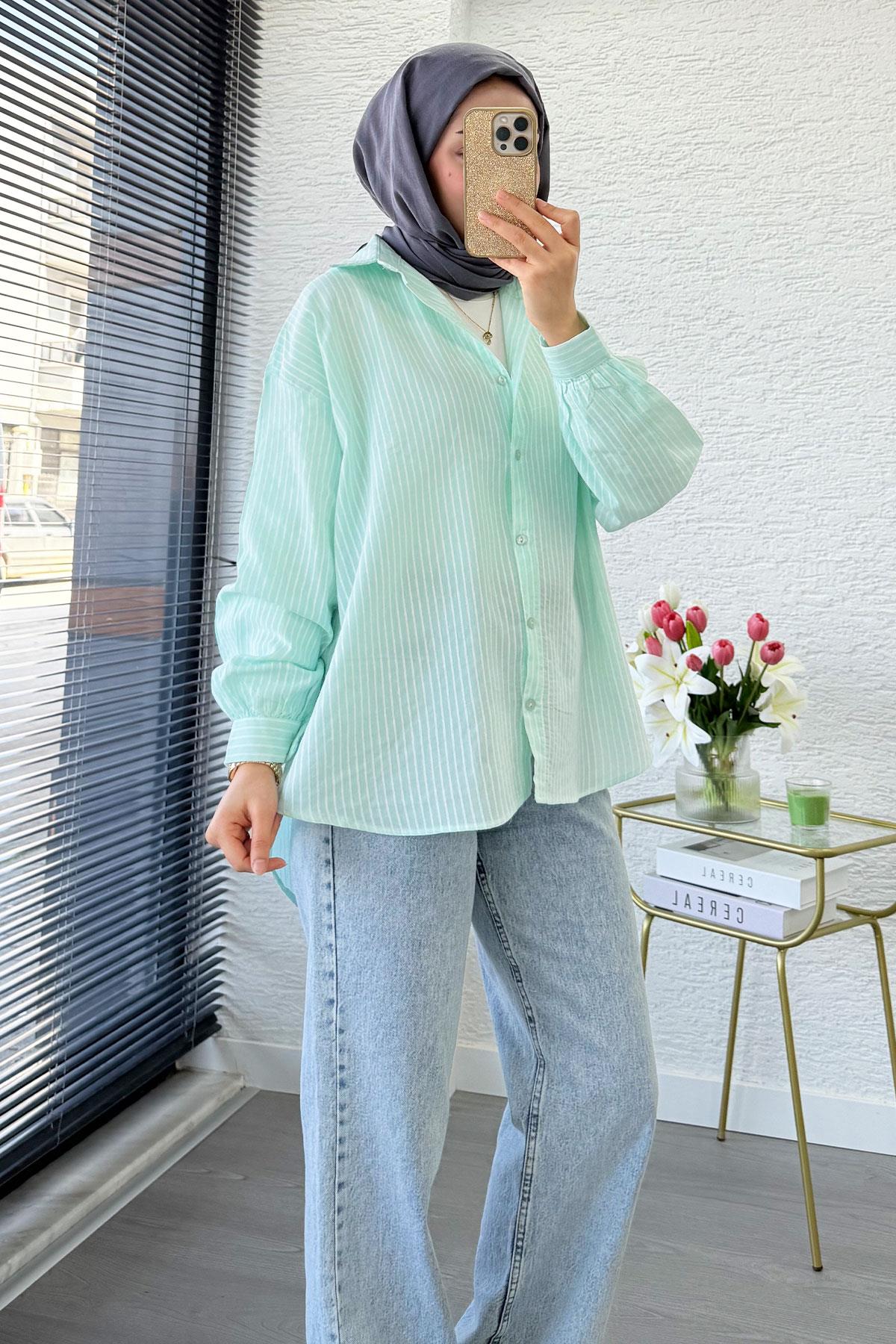 Çizgi Desen Oversize Kadın Gömlek – Mint