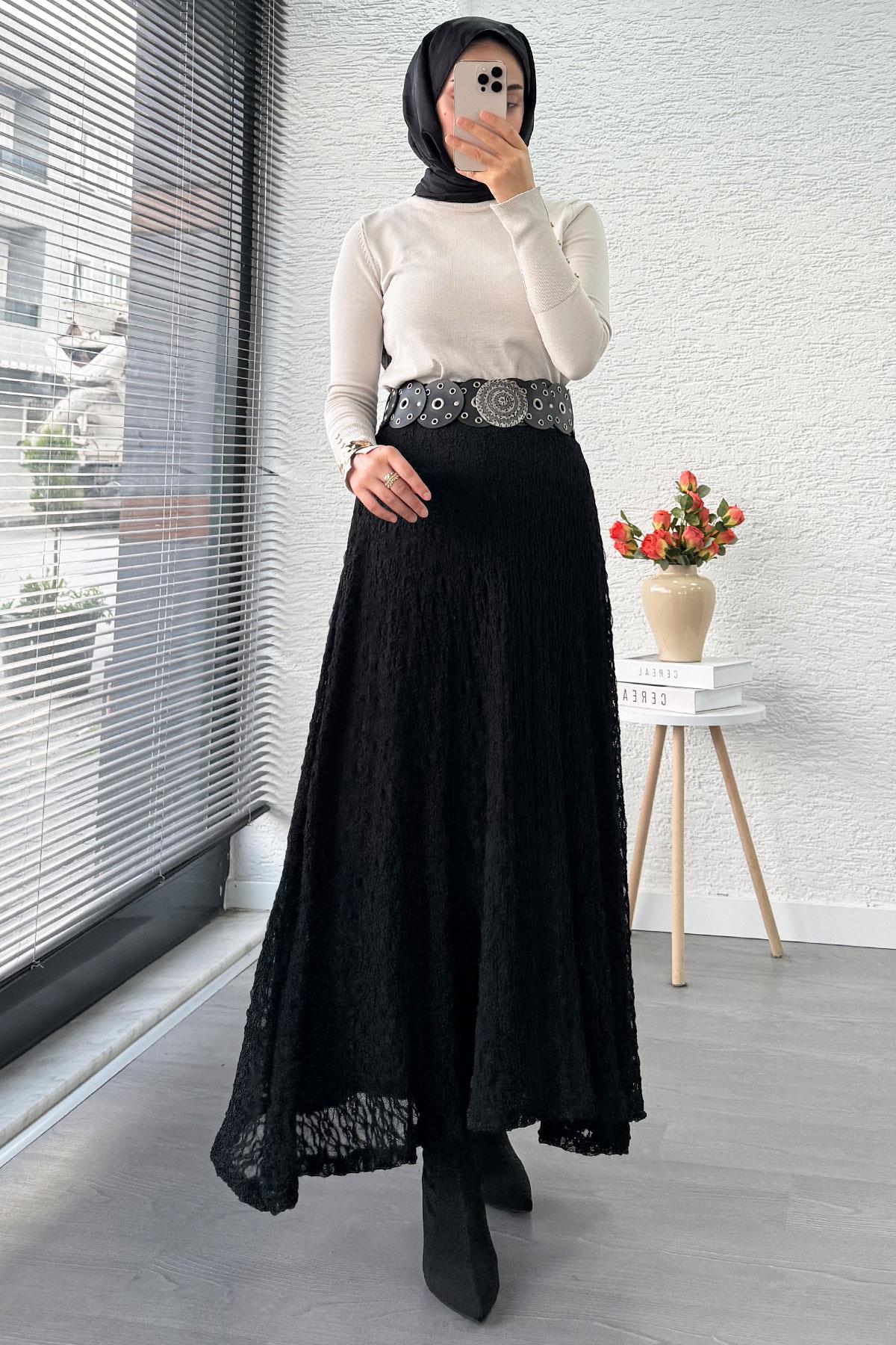 Dantel Dokulu Kloş Uzun Etek – Siyah
