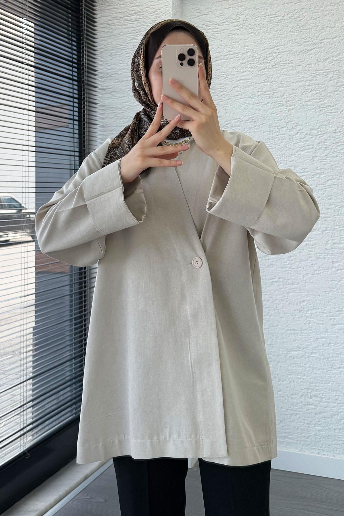 Düğme Detaylı Keten Kimono – Taş