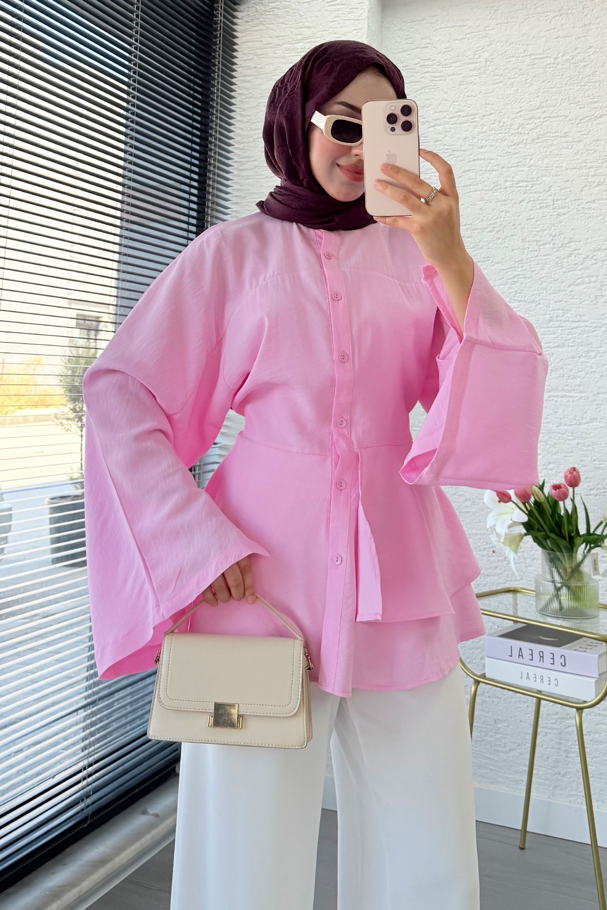 Etek Volanlı Arkadan Bağlamalı Modal Tunik - Pembe