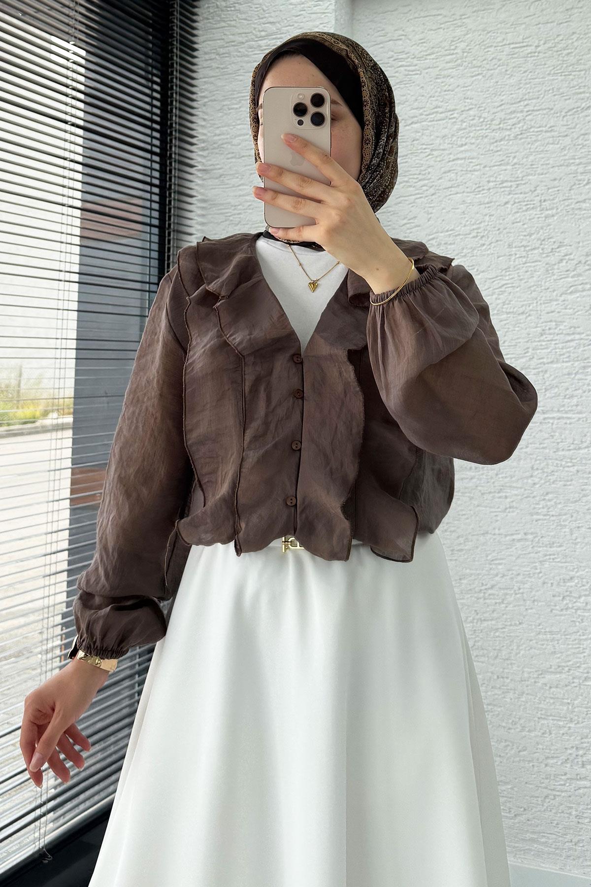 Fırfır Detaylı Vual Kumaş Bluz - Kahverengi