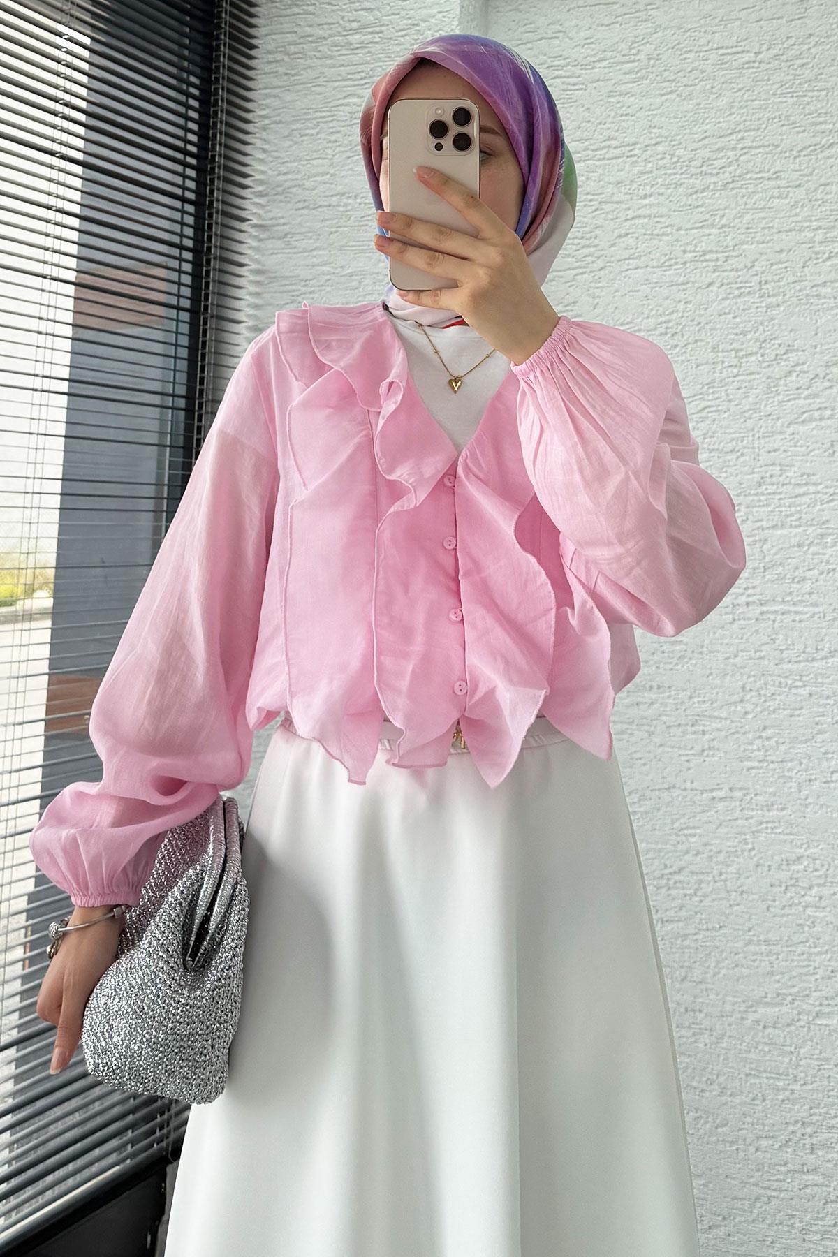 Fırfır Detaylı Vual Kumaş Bluz - Pembe