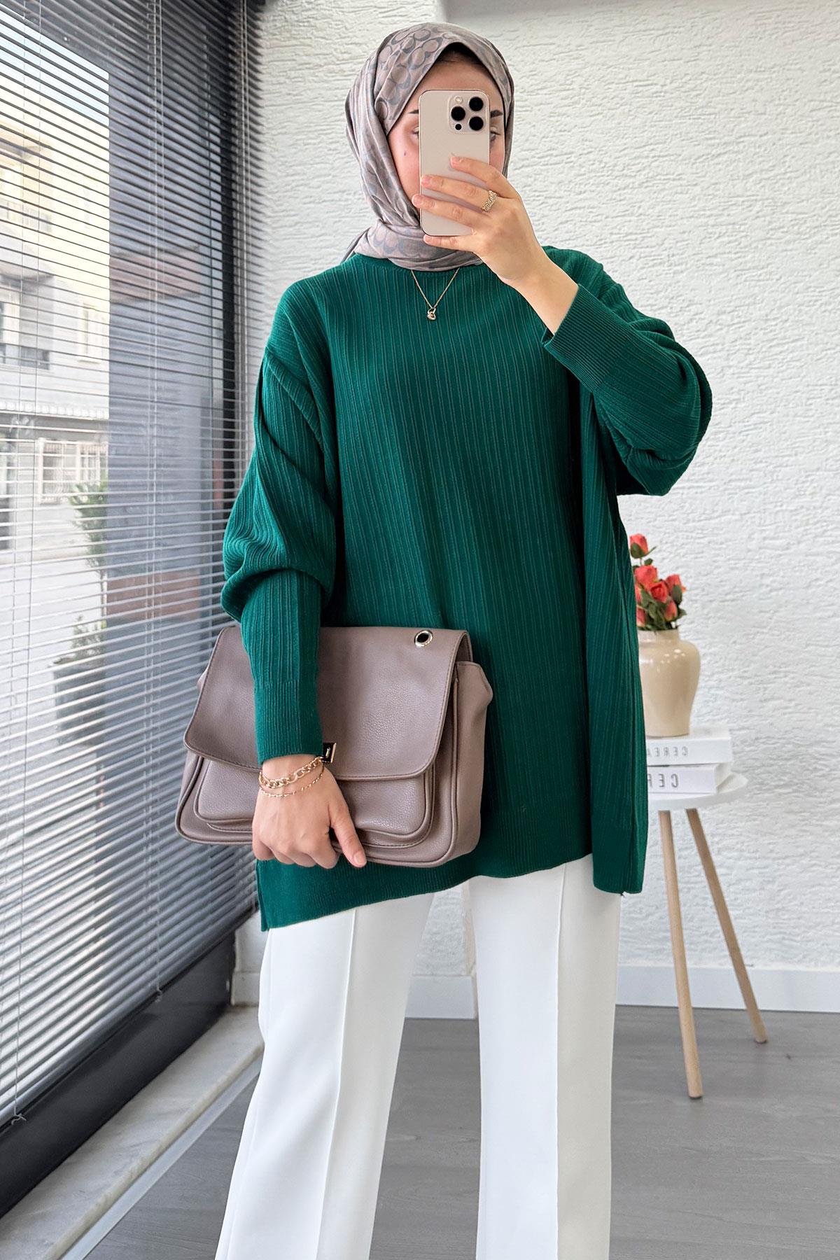 Fitilli Oversize Kadın Kazak - Zümrüt