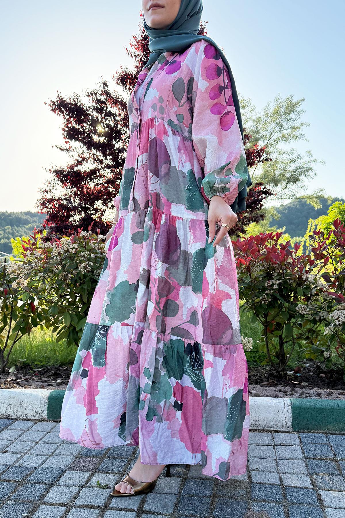 Gardenia Tensel Desenli Yazlık Elbise – Pembe