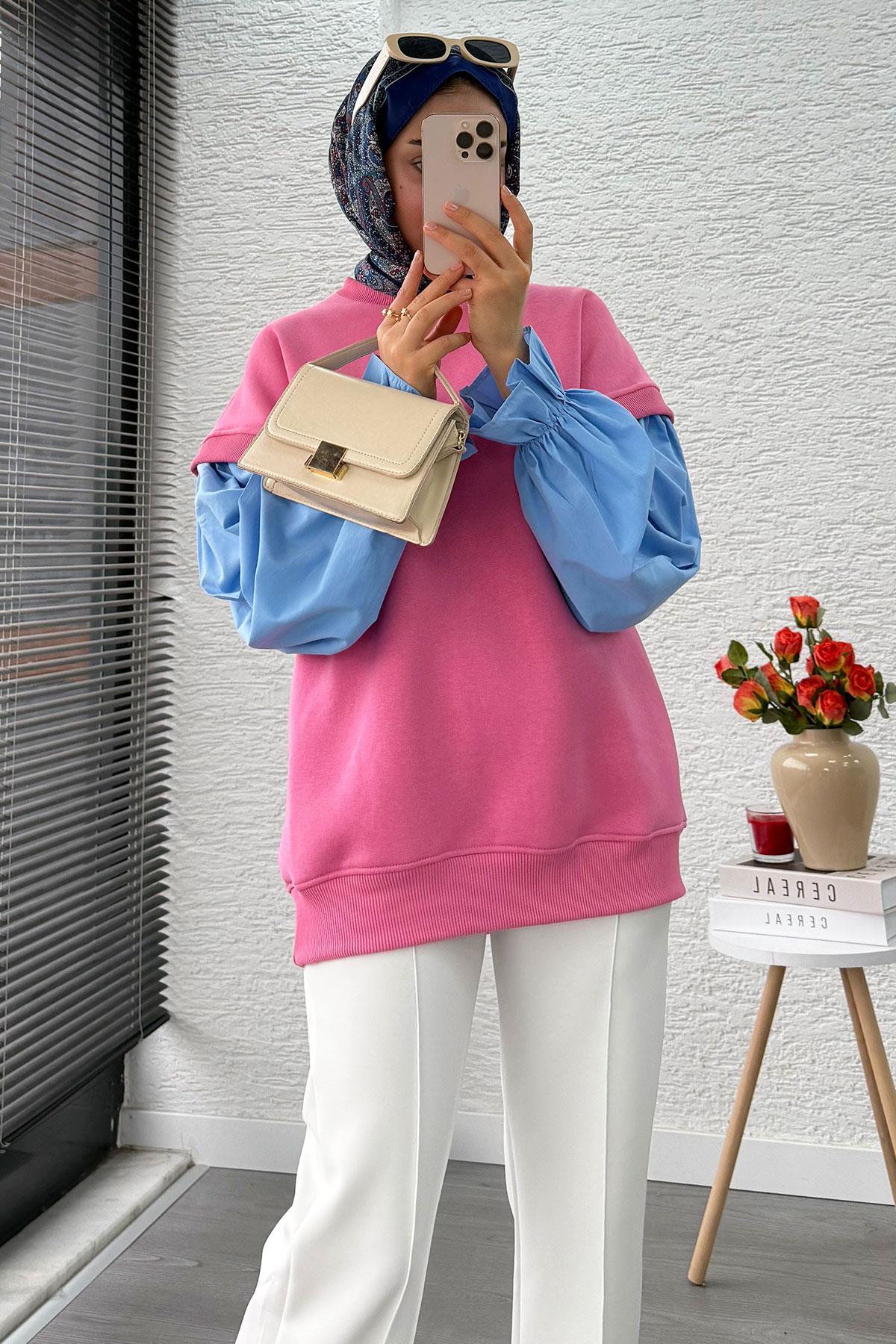 Gömlek Kol Oversize Kadın Sweat – Pembe