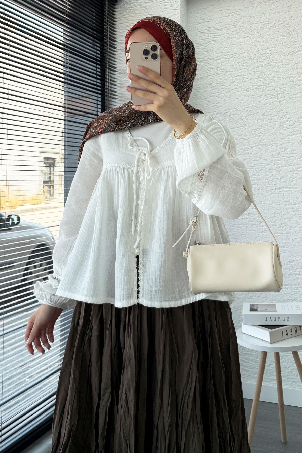 Güpür Detaylı Müslin Kısa Kimono – Beyaz