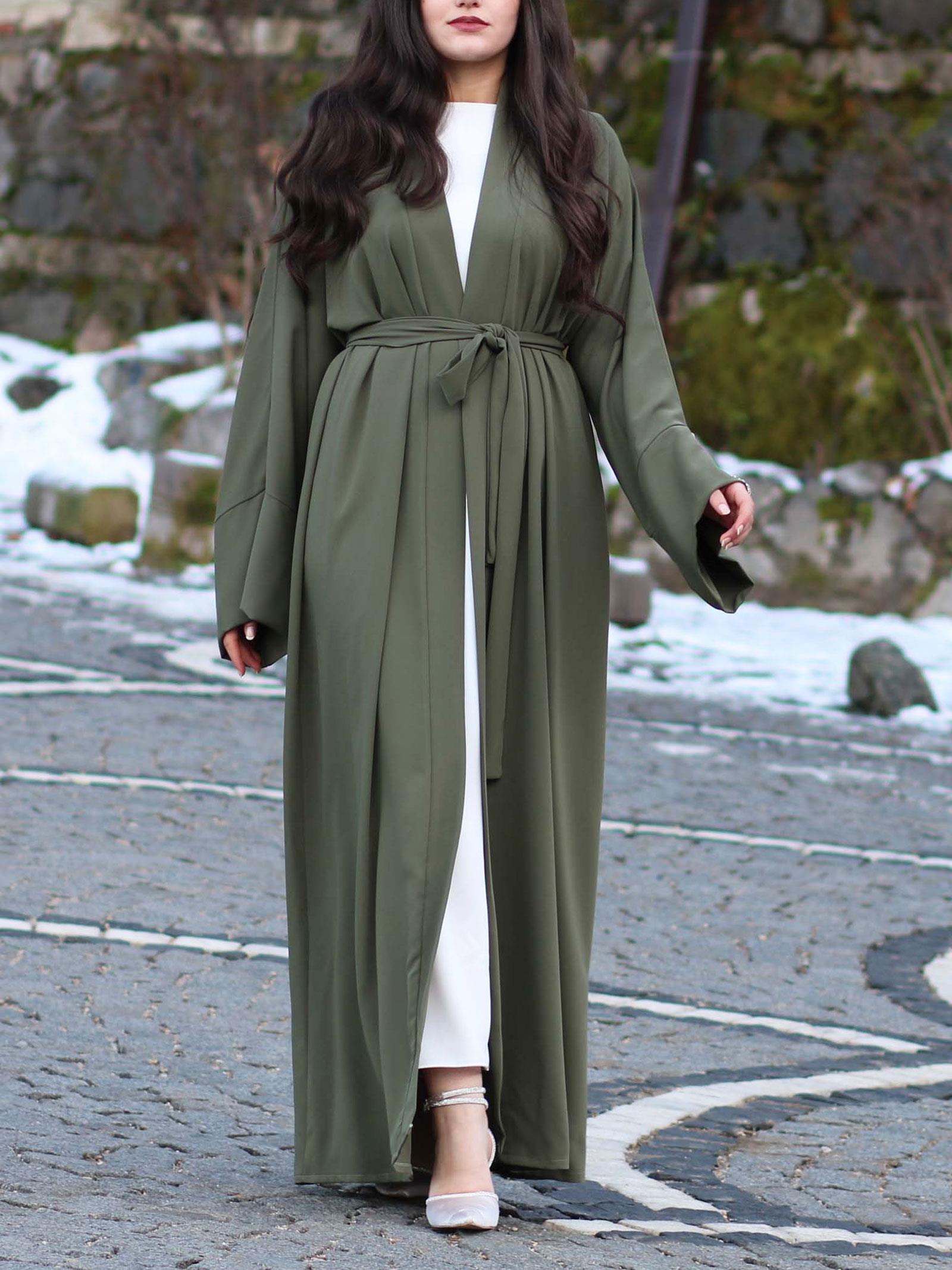 Haki Kolu Taşlı Ala Abaya