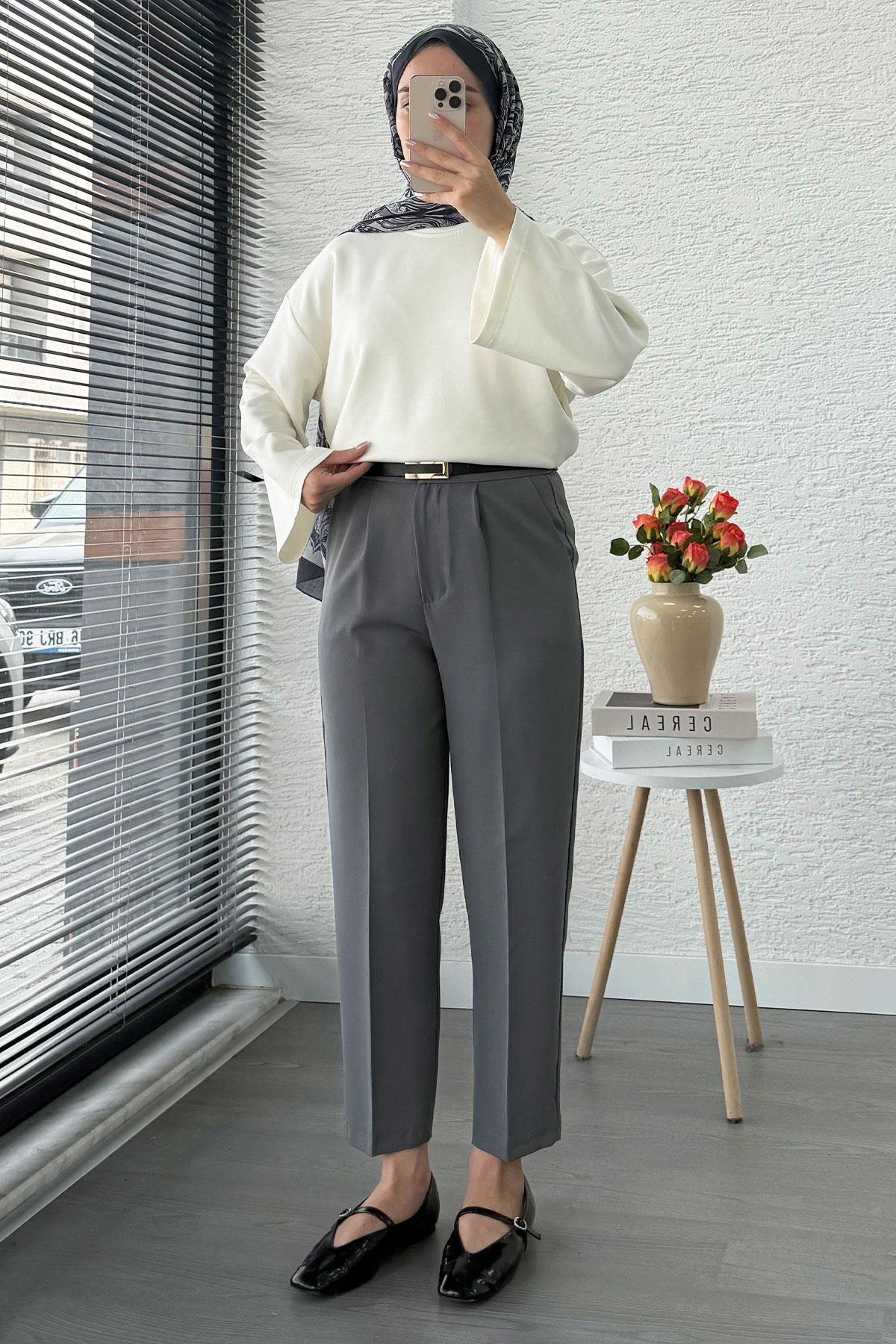 Havuç Kesim Yüksek Bel Casual Pantolon - Füme