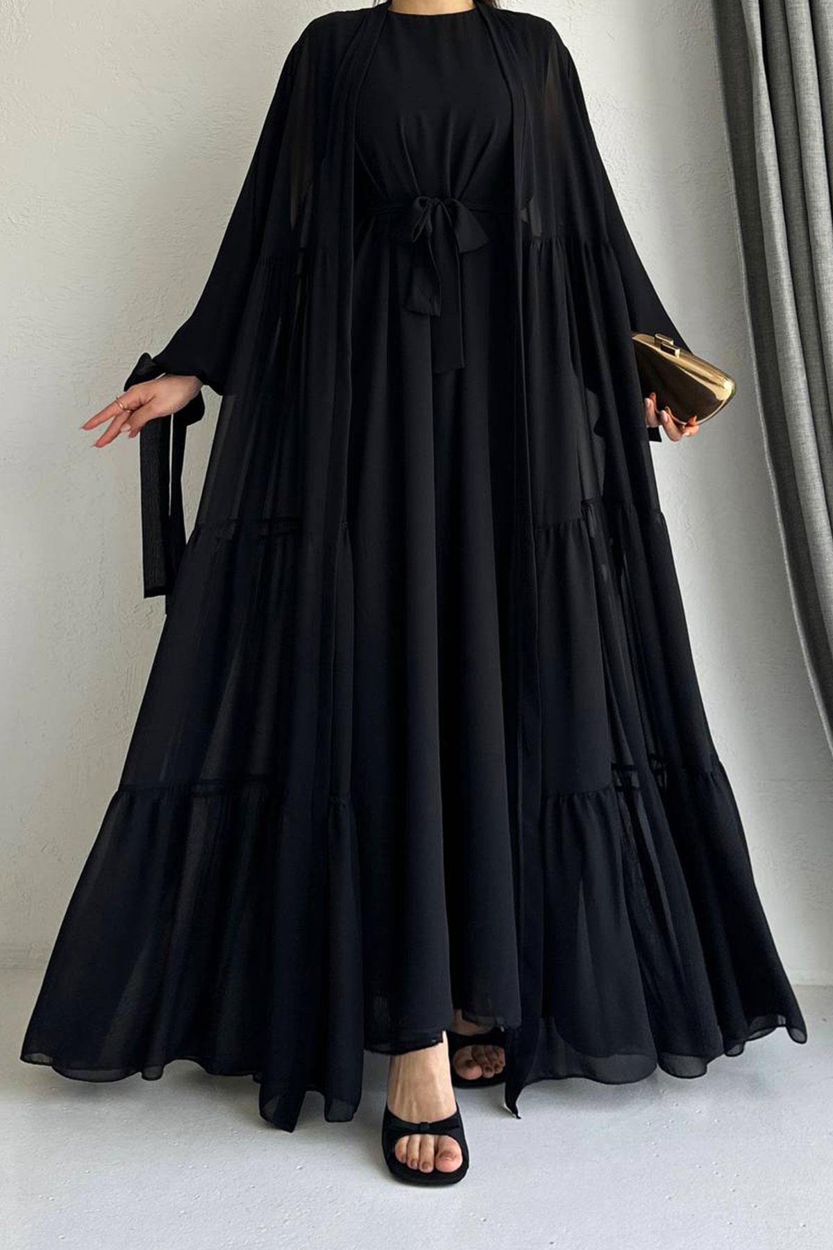 Hena Premium Şifon Abaya Takım – Siyah
